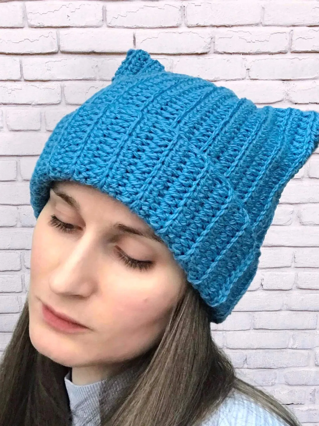 Cat Ear Beanie Warm Alpaca Wool Knit Hat Blue Crochet Soft Beanie Cute Cozy Winter Hat Funny Animal Ears Ribbed Hat Unisex Cat Lover Gift