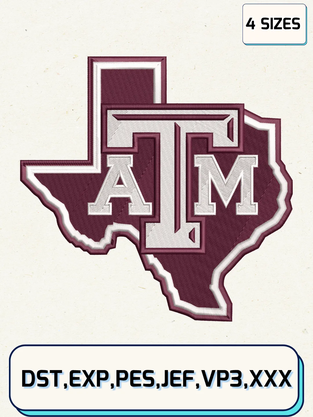 Texas A&M Aggies Logo Embroidery Design File,NCAA Logo Embroidery Design, Machine Embroidery Files, 4 Sizes