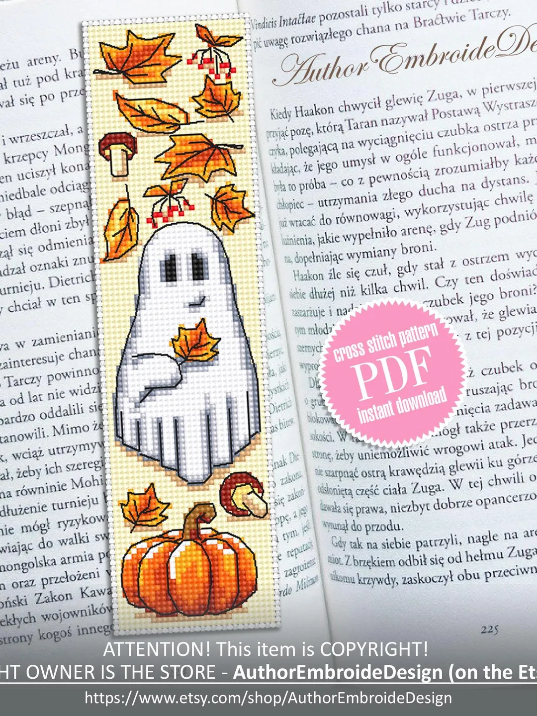 Ghost with pumpkin bookmark cross stitch pattern PDF download Cute ghost cross stitch chart, Fall bookmark pattern digital PDF #B369