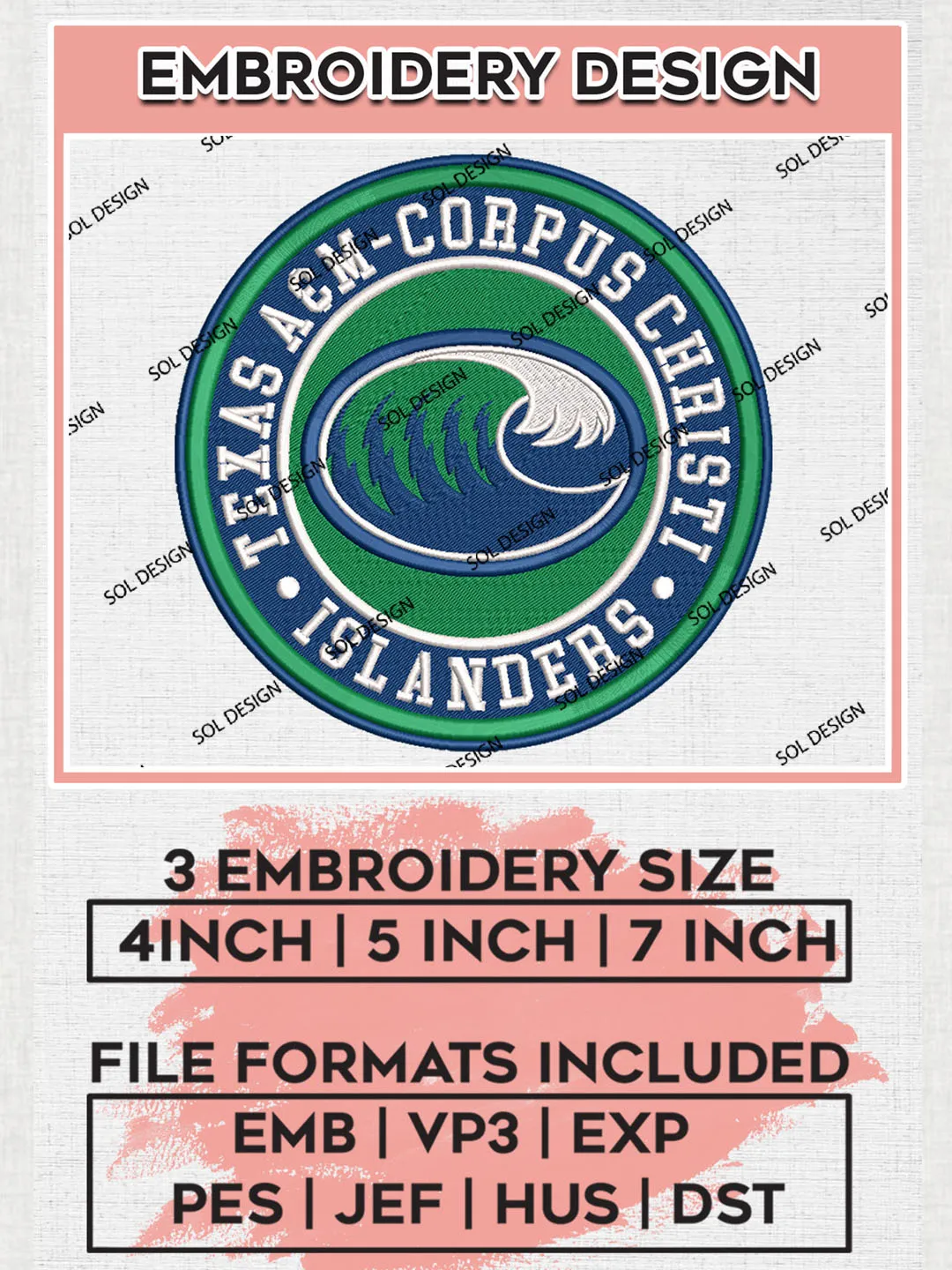 NCAA Texas A&M Corpus Christi Island Round Logo Embroidery, NCAA Texas A&M Corpus Christi Island Logo Embroidery files, NCAA Teams, Machine embroidery designs, Digital Download