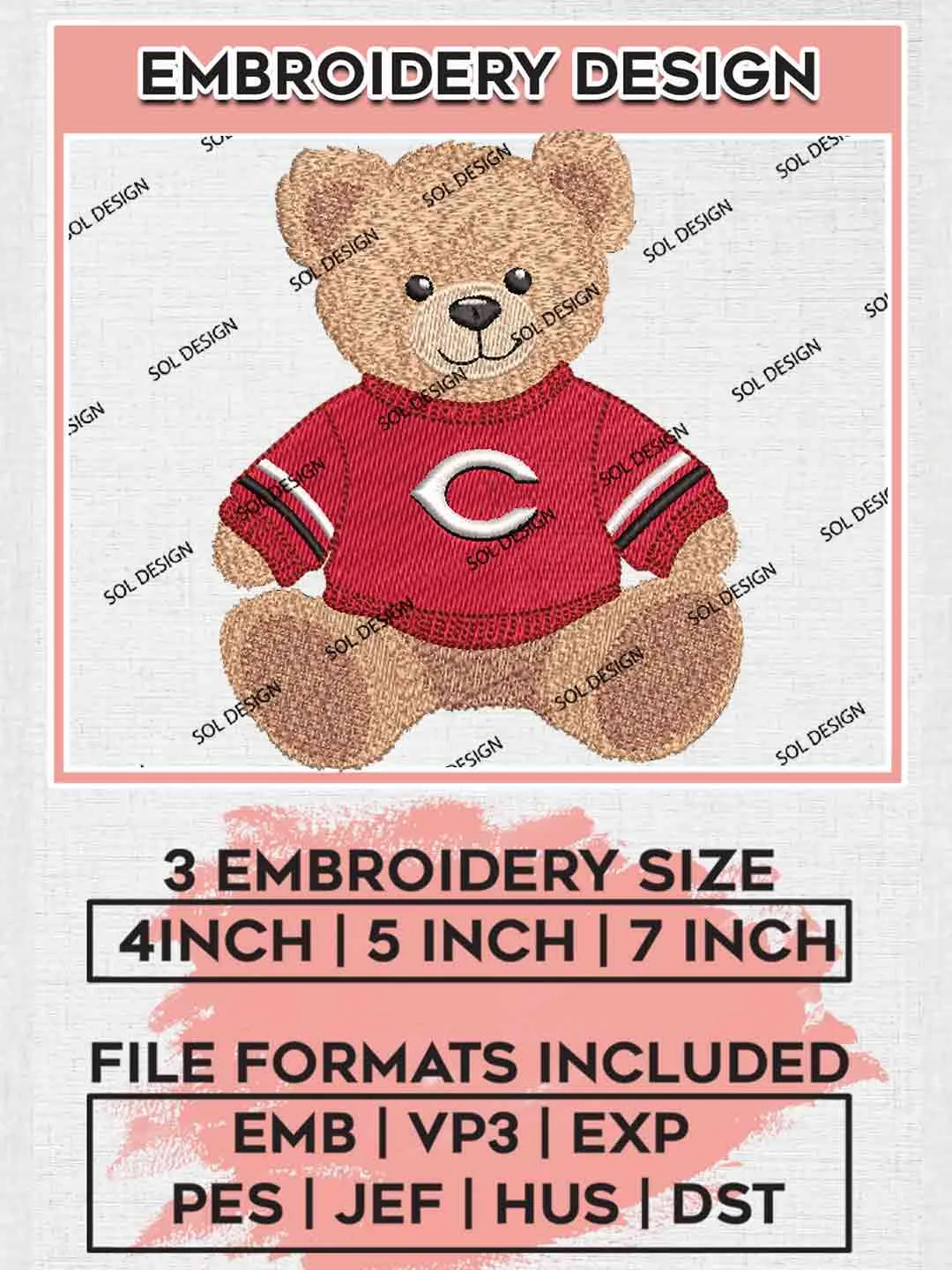 MLB Cincinnati Reds Teddy Bear Embroidery Designs, Vintage Sport Bear Baseball Embroidery Design Files, MLB Reds Team, Cute Teddy Bear Embroidery, MLB Cincinnati Reds Embroidery, Digital Download