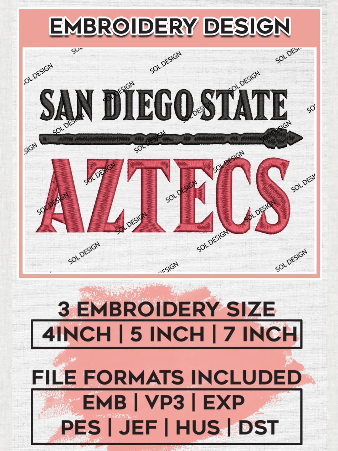 NCAA San Diego State Aztecs Team Wordmark Logo Embroidery Design Files, NCAA San Diego State Aztecs Machine Embroidery, NCAA Teams, 3 sizes, NCAA Machine embroidery designs, Digital Download