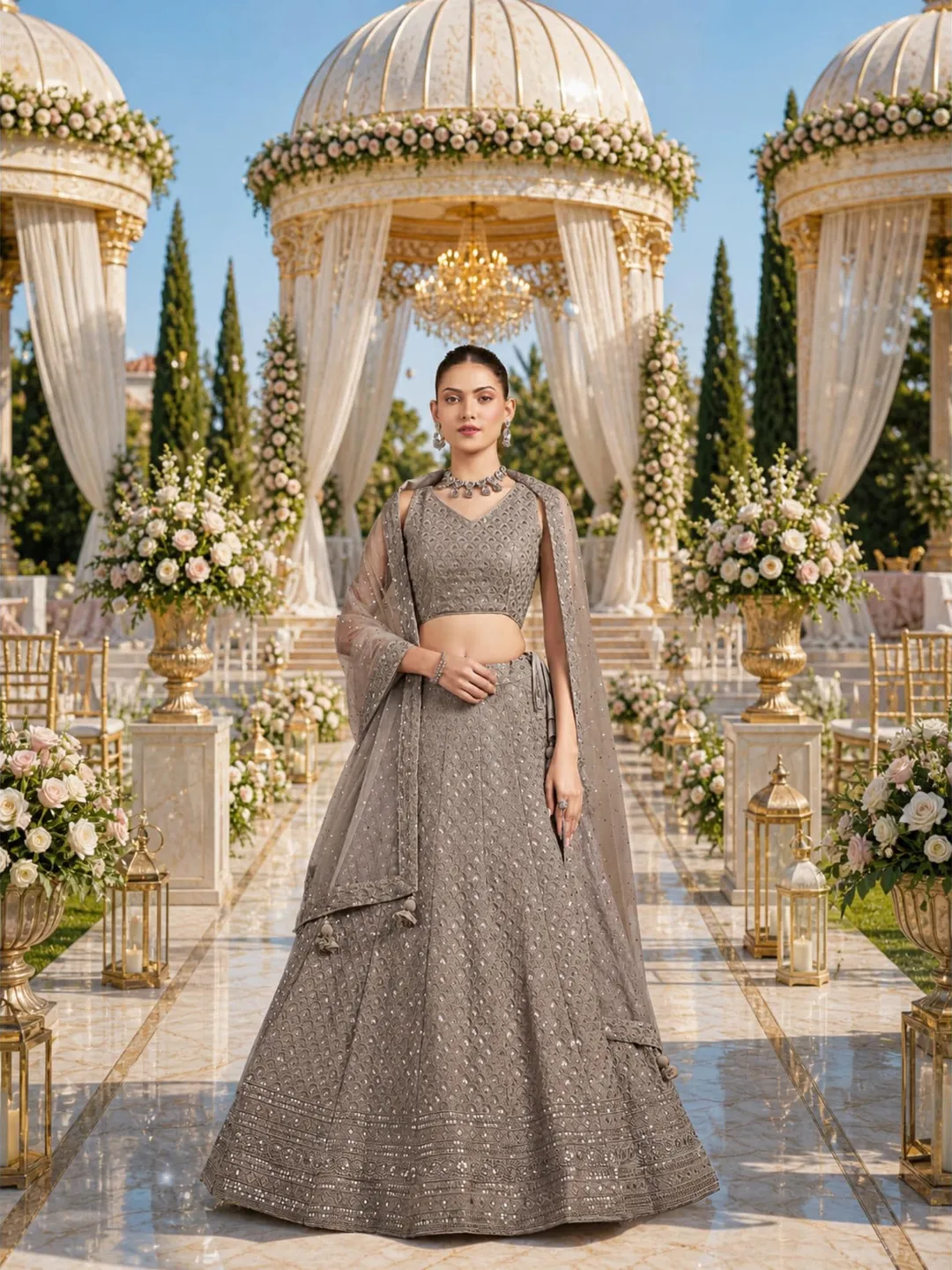 Grey Georgette Ready To Wear Lehenga Choli: Sequins Embroidery Indian Wedding Wear