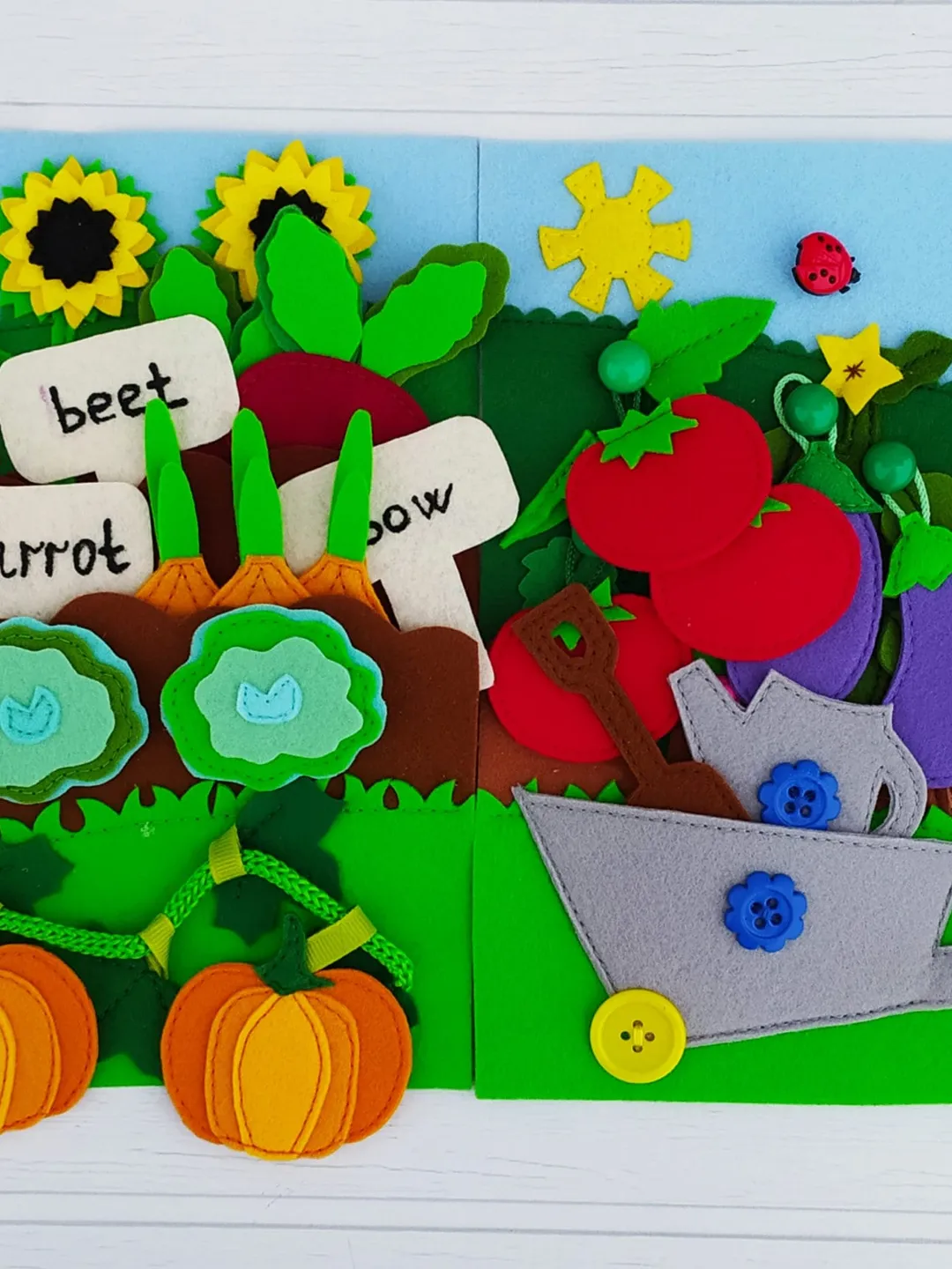 Garden Quiet book pattern, Felt book pattern, Felt vegetable pattern for kids, Soft montessori book sewing ideas for toddler