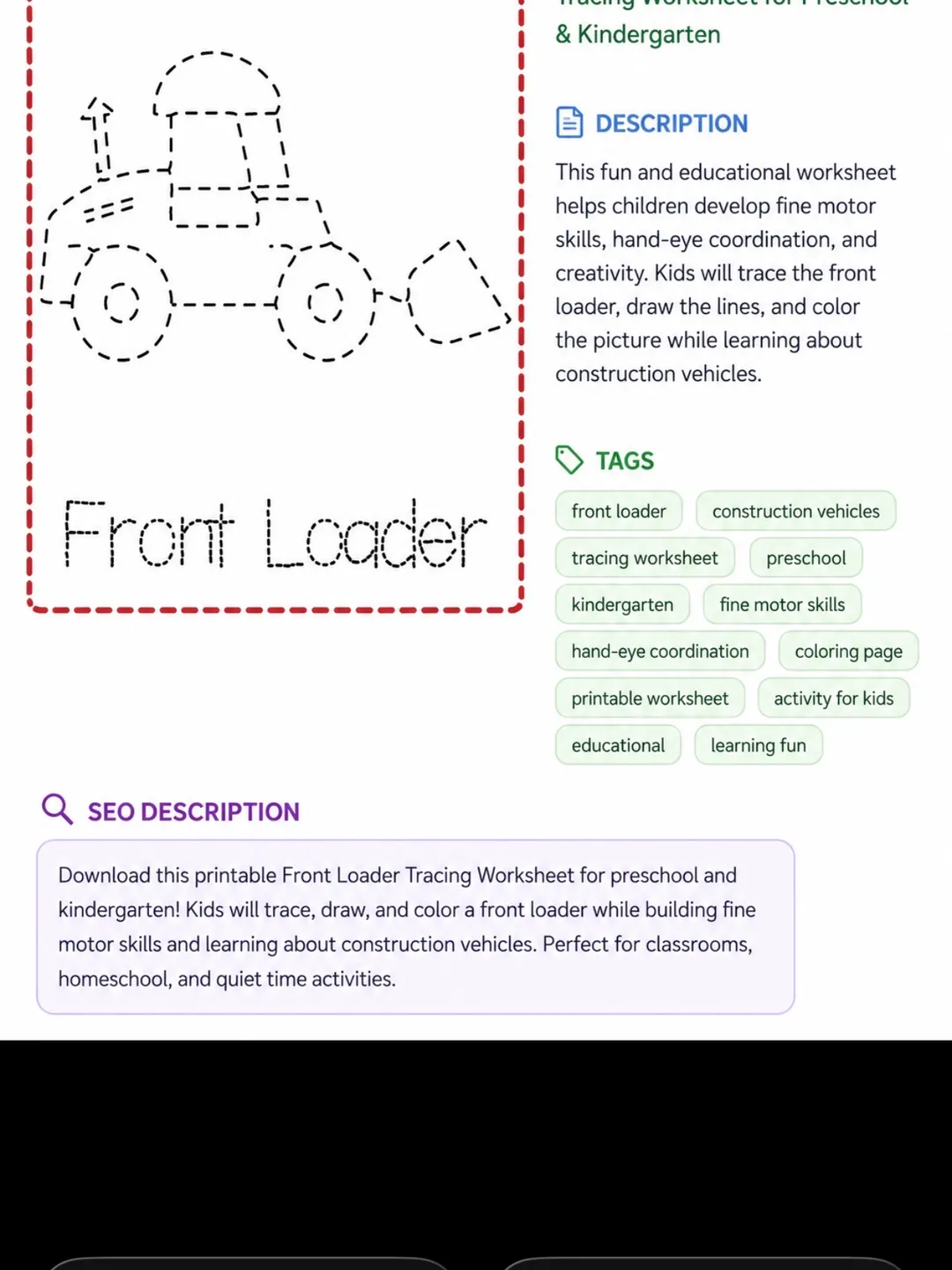 Trace, Draw & Color Front Loader