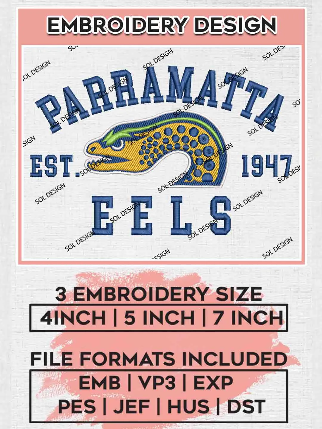 NRL Parramatta Eels Est 1947Embroidery Design, National Rugby League Embroidery Design, Parramatta Eels Logo Embroidery Design, NRL Machine Embroidery Digitized Pes File, 3 Sizes, Instant Download