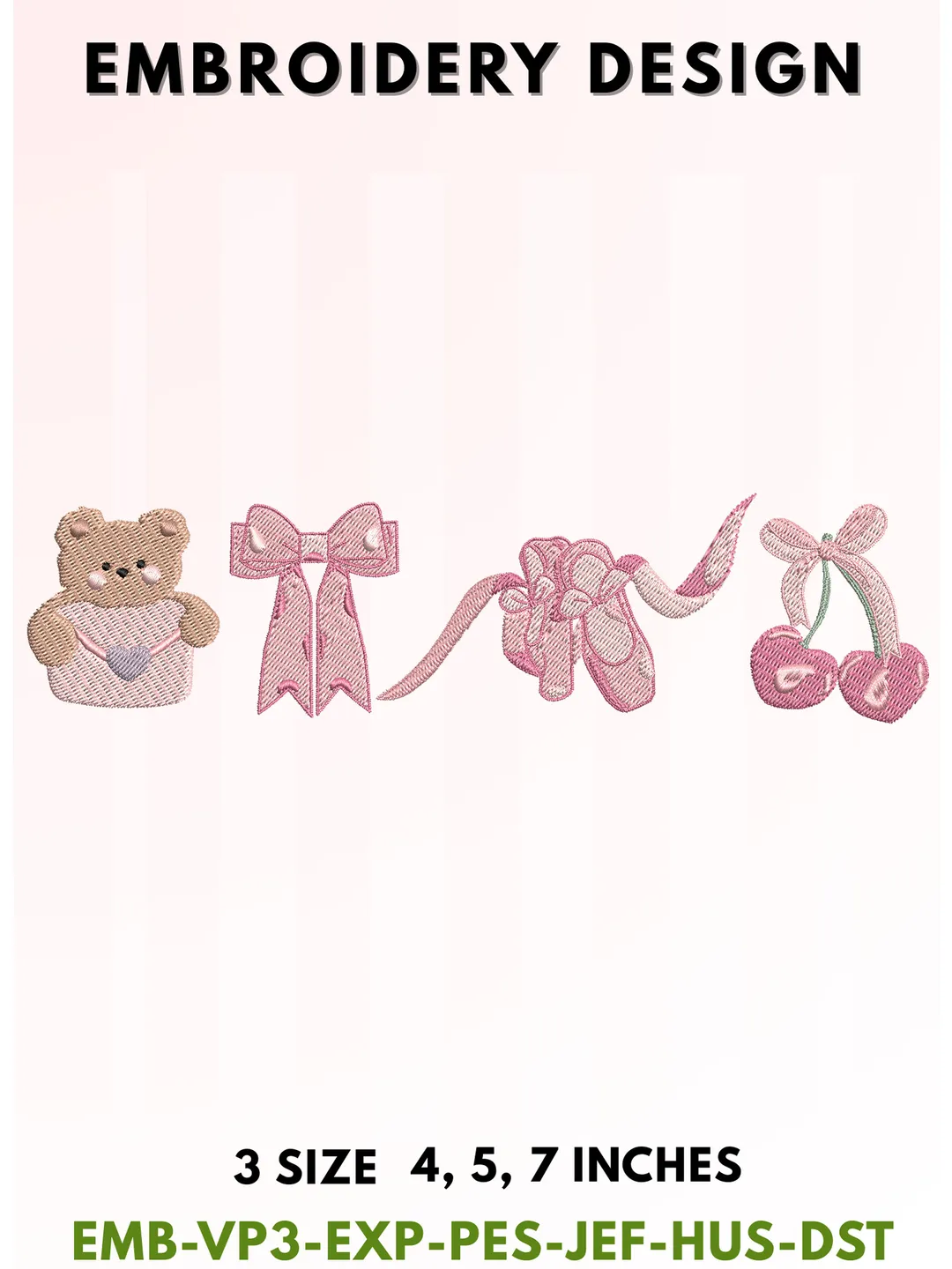 Aesthetic Coquette Bundle Embroidery, Pink Ballet Shoes & Teddy Bear Design, Ribbon Bow & Heart Cherry Typography Art, Girly Pink Aesthetic Collection, 3 Sizes