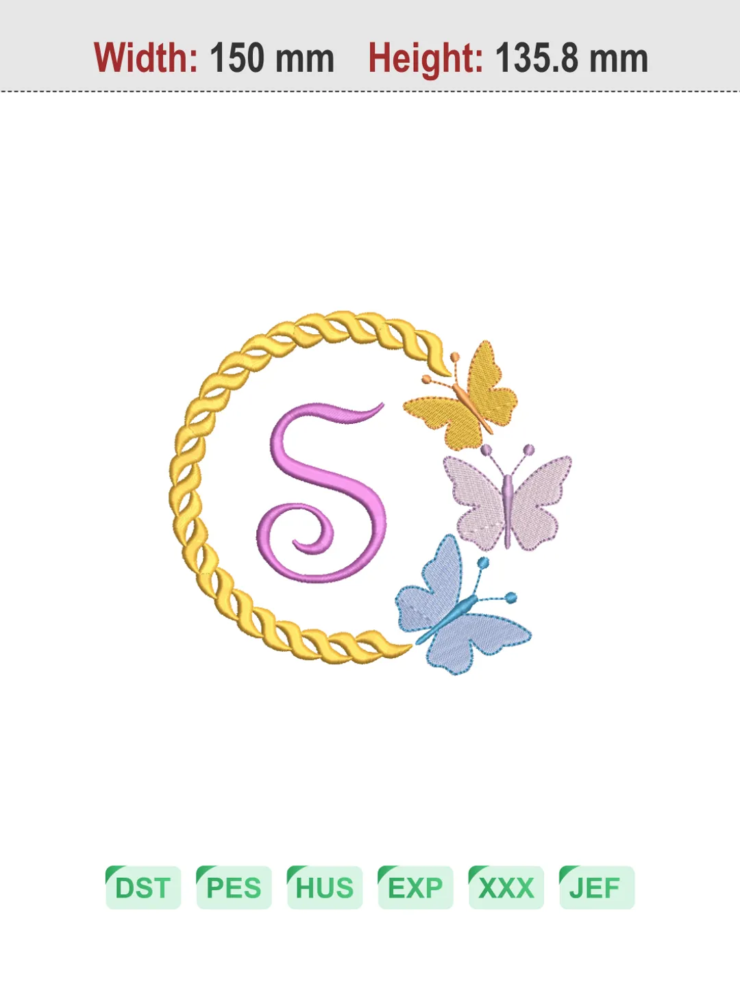 Butterfly Wreath Letter S Machine Embroidery Design