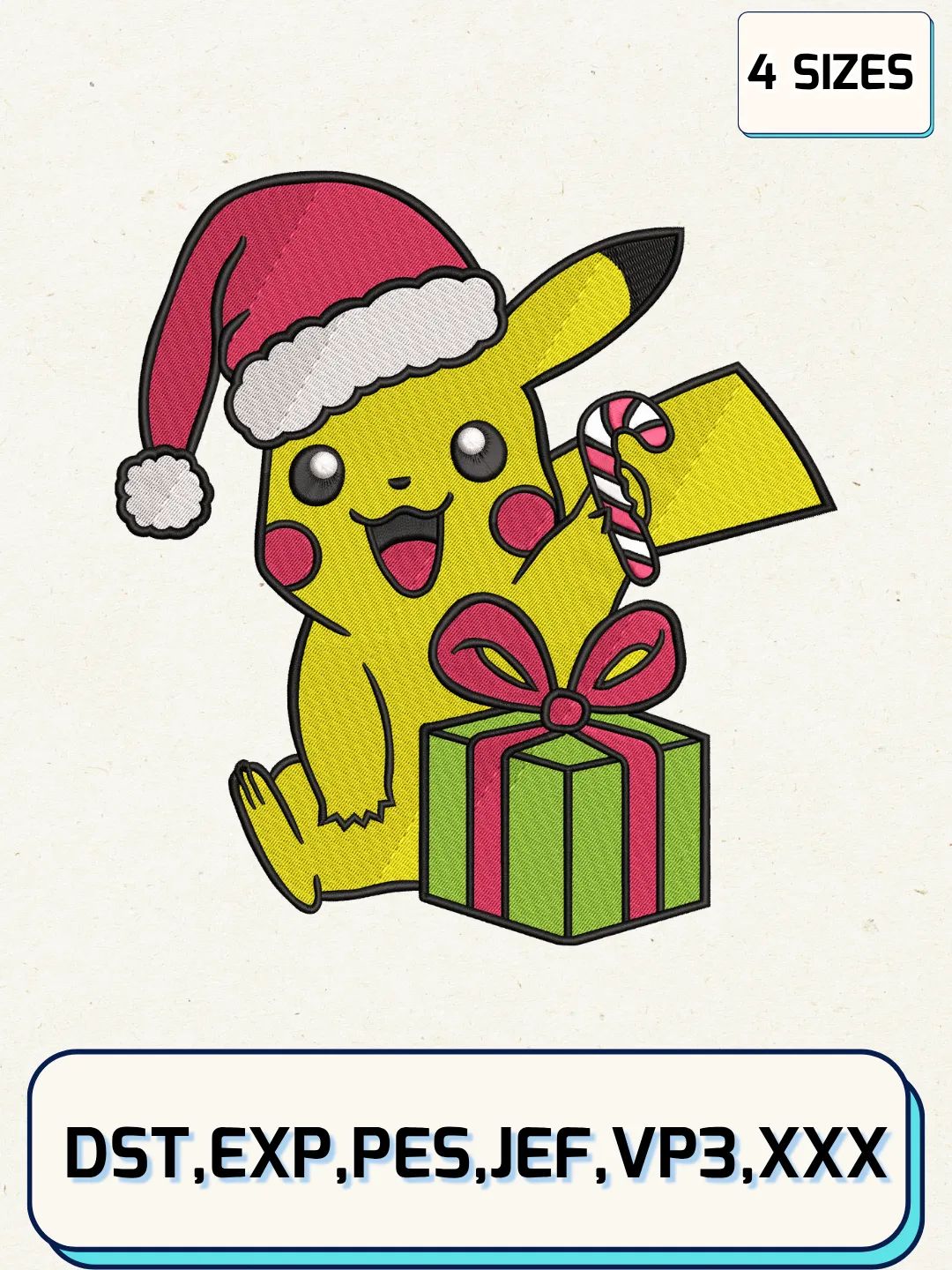Pikachu Santa Hat Christmas Embroidery Design,Christmas Embroidery Designs,Machine Embroidery Files,Pikachu Embroidery Design,4 Sizes