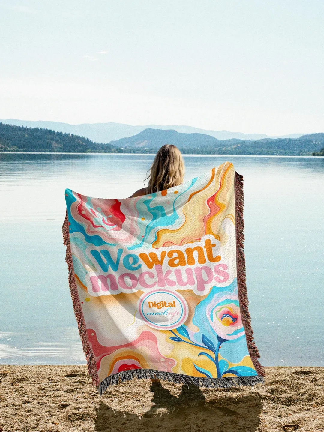 60 x 80 Woven Blanket Mockup For Photoshop Featuring Woman Holding