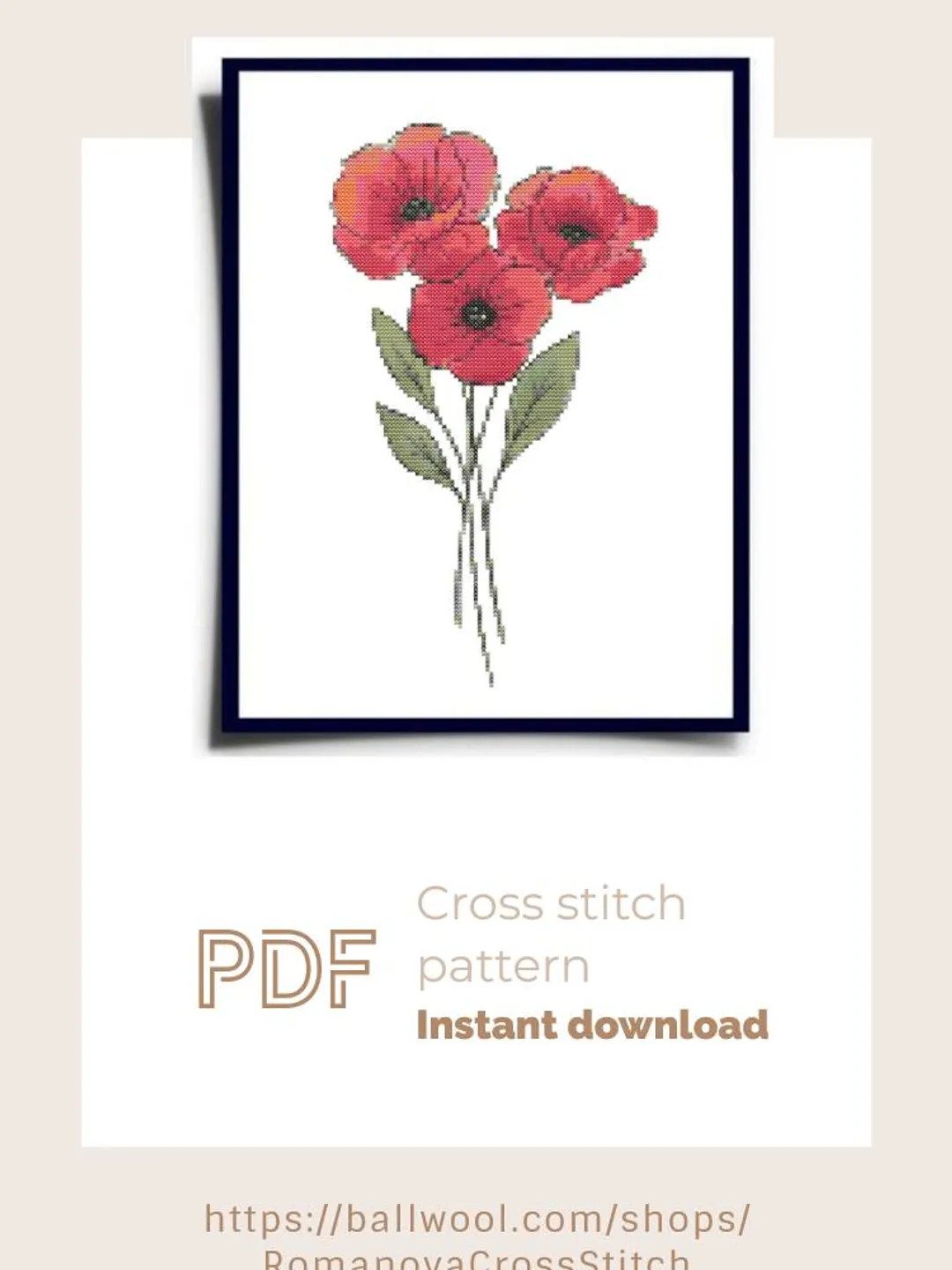 Poppies cross stitch PDF pattern, Flowers embroidery design, Instant download