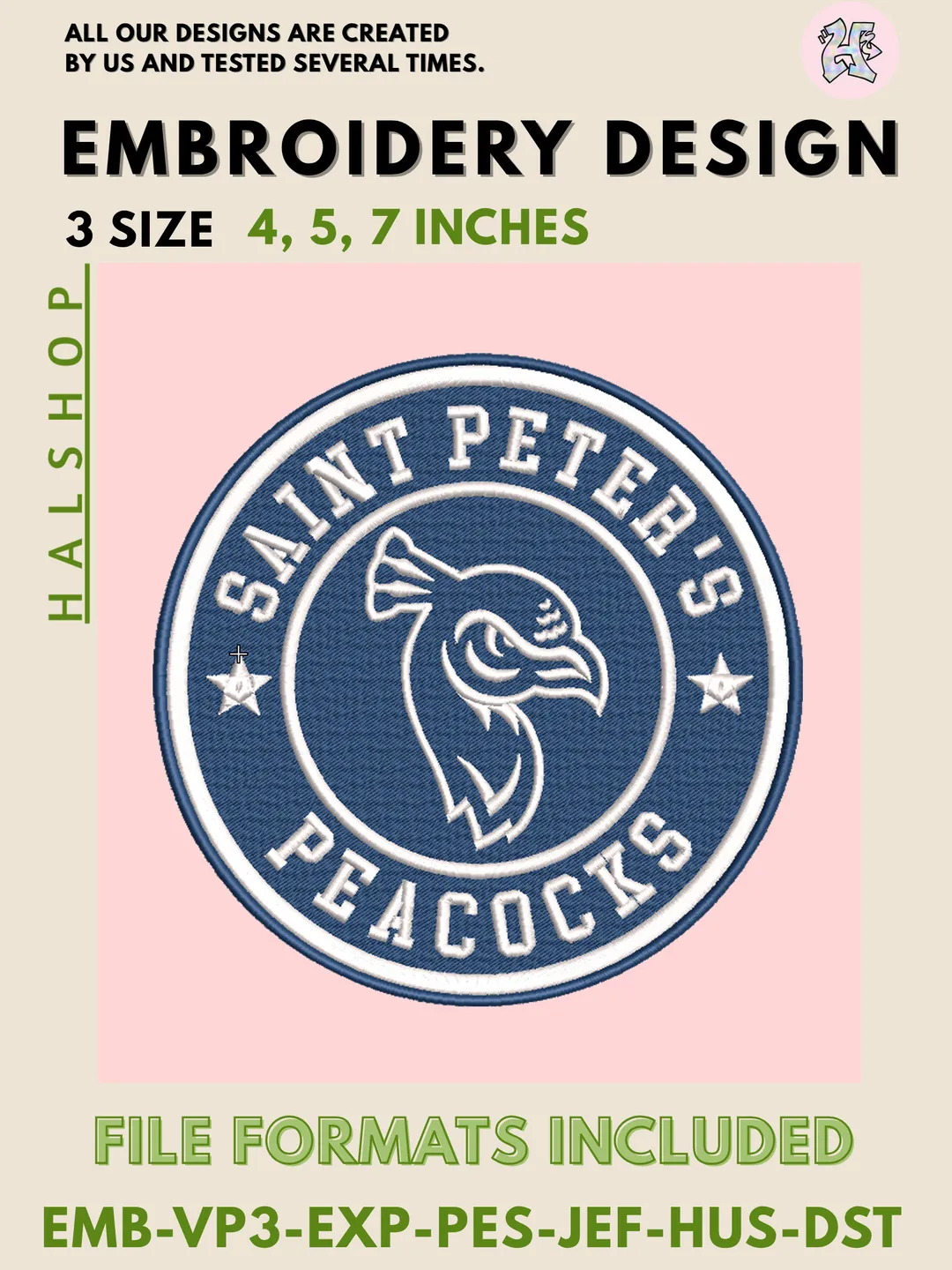 NCAA Saint Peter’s Peacocks Logo Embroidery Design Files, College Team Machine Embroidery, 3 Sizes, Digital Download