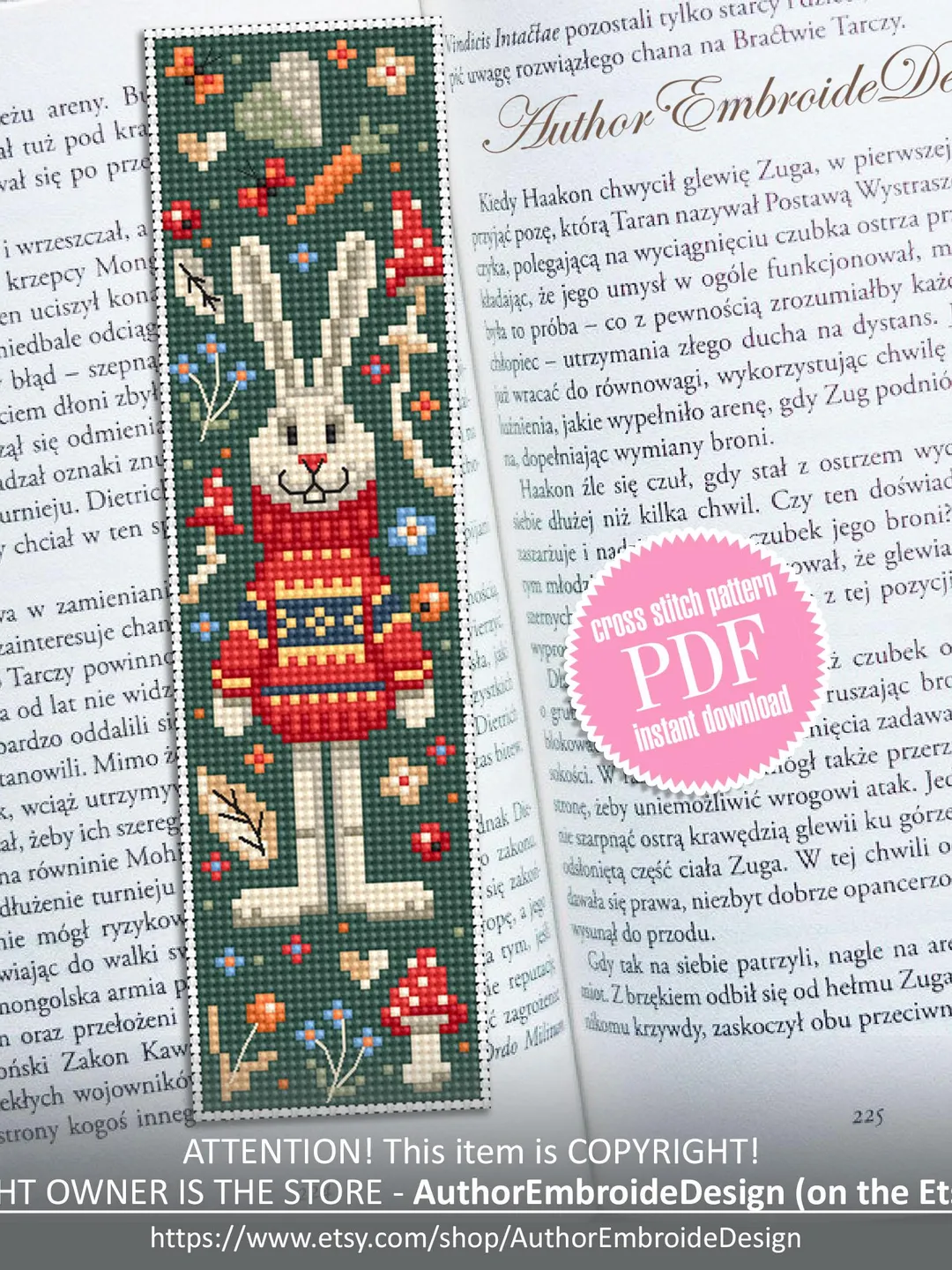 Animal bookmark cross stitch pattern PDF download Scandinavian folk rabbit cross stitch chart, Autumn bookmark pattern digital PDF #B428