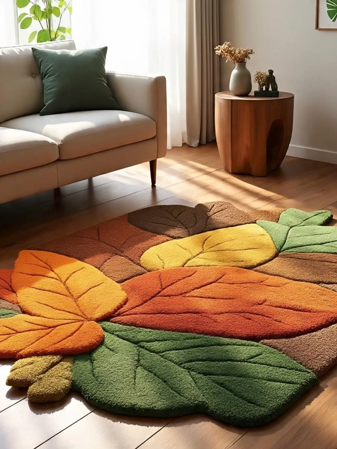 Handmade Tufted Leaf Pattern Pestal Colour Wool Area Rug