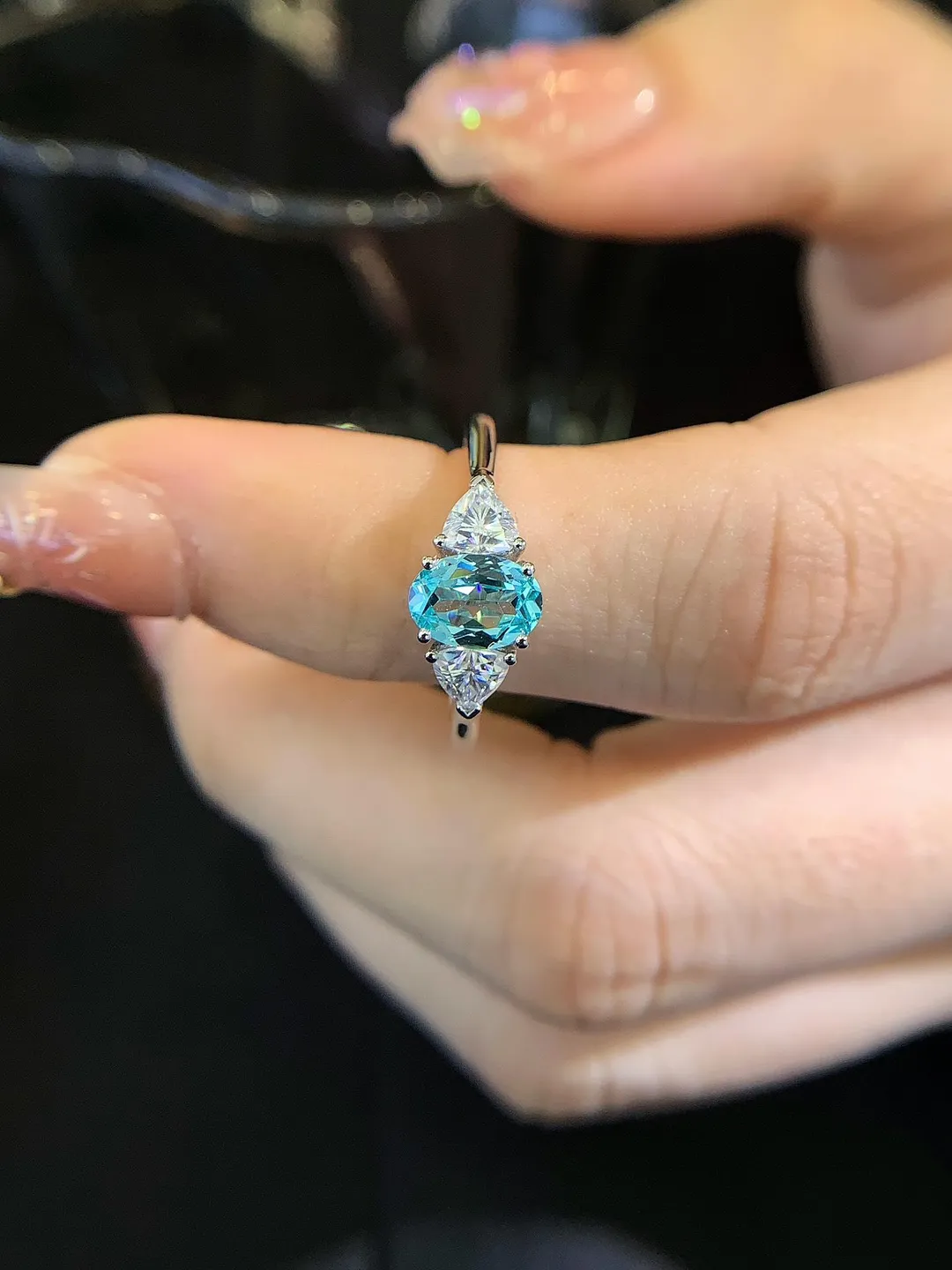 Cultivated Paraiba Ring Oval Aqua Blue Gemstone with Trillion Side Stones Silver Engagement Ring Statement Bridal Gift for Her
