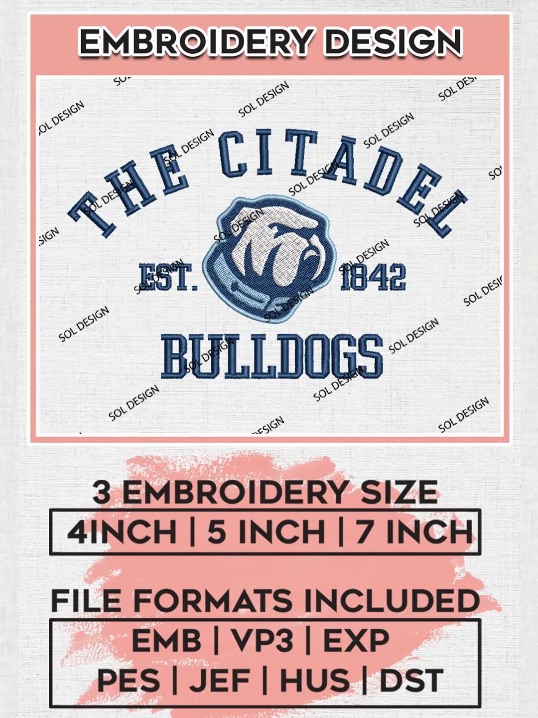 The Citadel Bulldogs Est 1842 Embroidery Designs, NCAA The Citadel Bulldogs Team Embroidery, NCAA Team Logo, 3 sizes, Machine embroidery Files, Digital Download