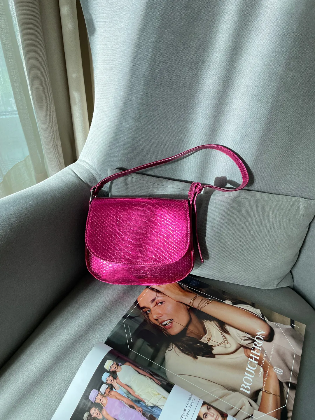 Genuine python skin small top handle shoulder pink foil bag | hot pink metal purse | classy funky designer leather bag | party bag leather