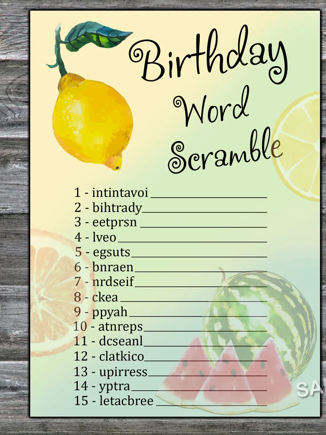 Lemon Birthday Word Scramble Game,Adult Birthday party game-fun games for her-Instant download