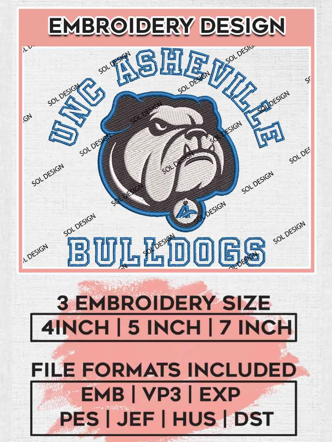 UNC Asheville Bulldog Embroidery Design, Football Embroidery files, Sport Machine embroidery files, 3 sizes, Instant Download