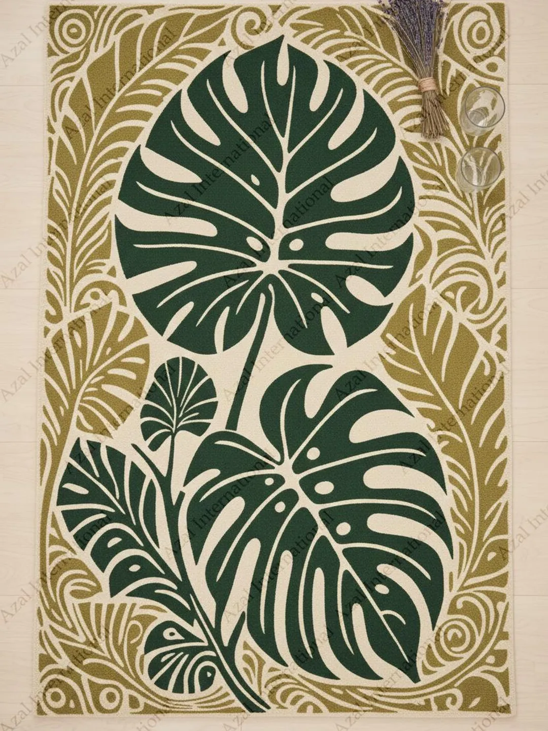 Hand Tufted Tropical Monstera Leaf Area Rug in Green and Beige Botanical Design
