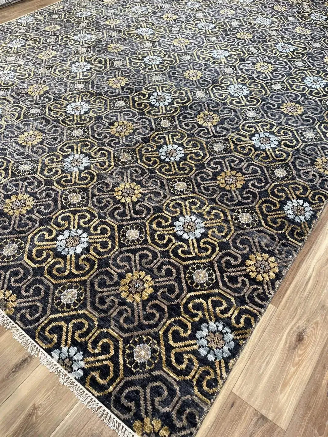 As Rug Hand Knotted Wool Oushak Rug: Navy and Gold Geometric Design