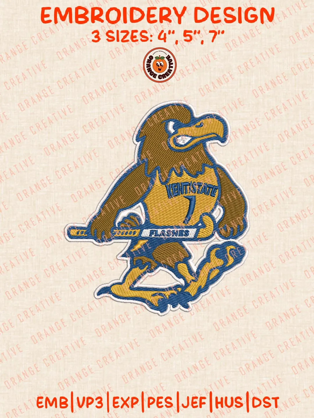 Kent State Golden Flashes Hockey Mascot Logo Embroidery Design Files, NCAA Logos Embroidery Designs, NCAA Machine Embroidery Files, 3 Sizes, Custom Sizes, Digital Files
