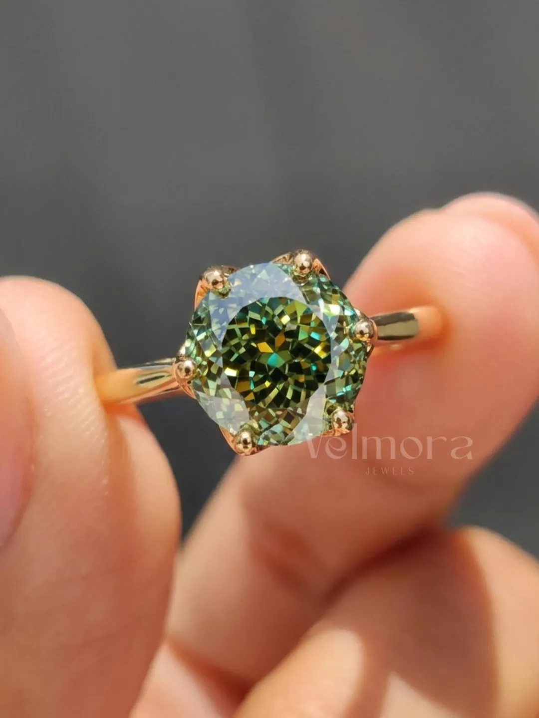 Round Cut Olive Green Moissanite Engagement Ring, Minimal Gold Solitaire Proposal Ring