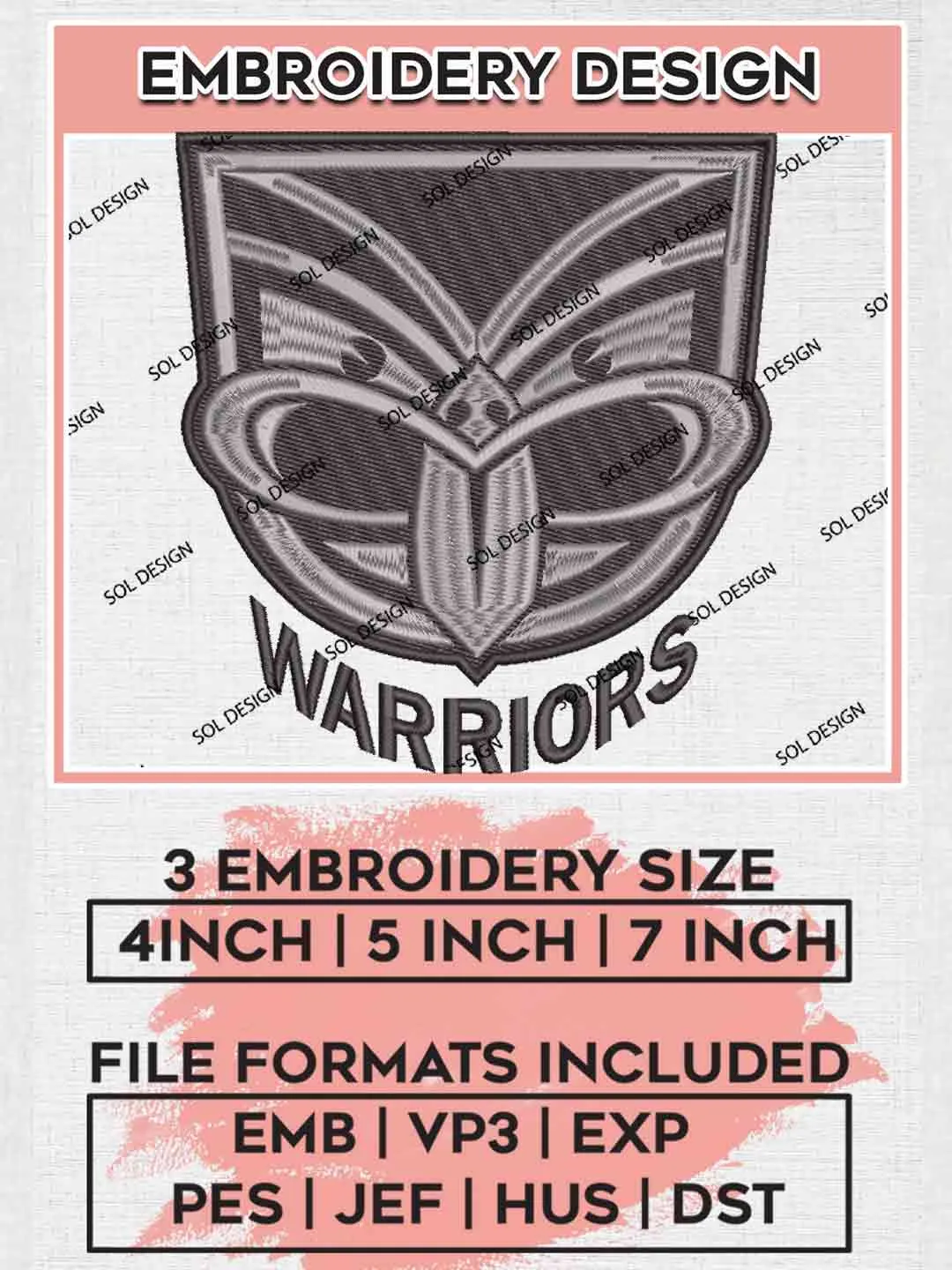 NRL New Zealand Warriors Embroidery Design, National Rugby League Embroidery Design, New Zealand Warriors Logo Embroidery Design, NRL Machine Embroidery Digitized Pes File, 3 Sizes, Instant Download