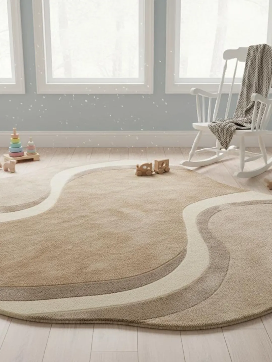 Curved Beige Area Rug • Modern Abstract Wavy Rug
