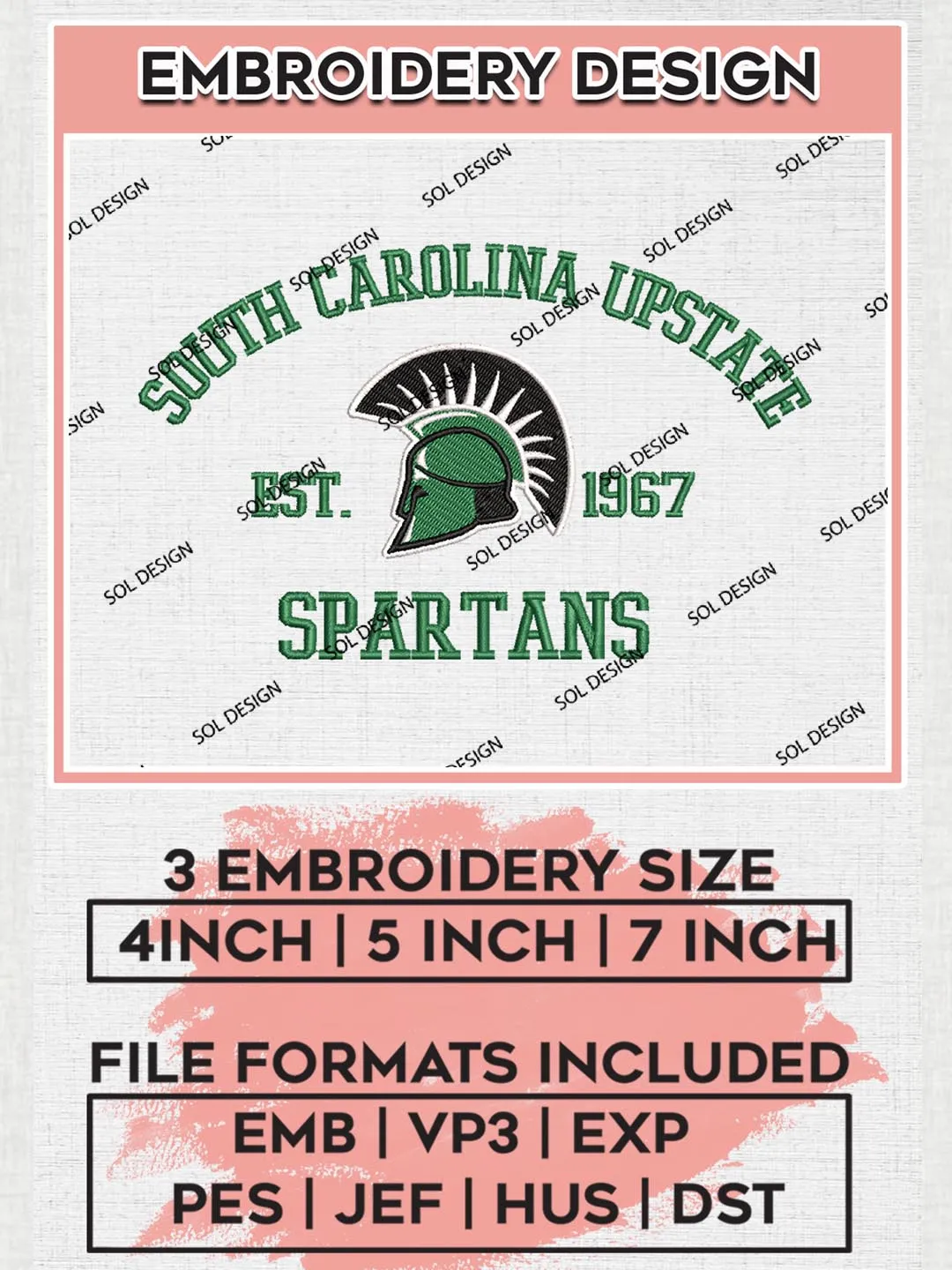 South Carolina Upstate Spartans Est 1967 Embroidery Designs, NCAA South Carolina Upstate Spartans Team Embroidery, NCAA Team Logo, 3 sizes, Machine embroidery Files, Digital Download