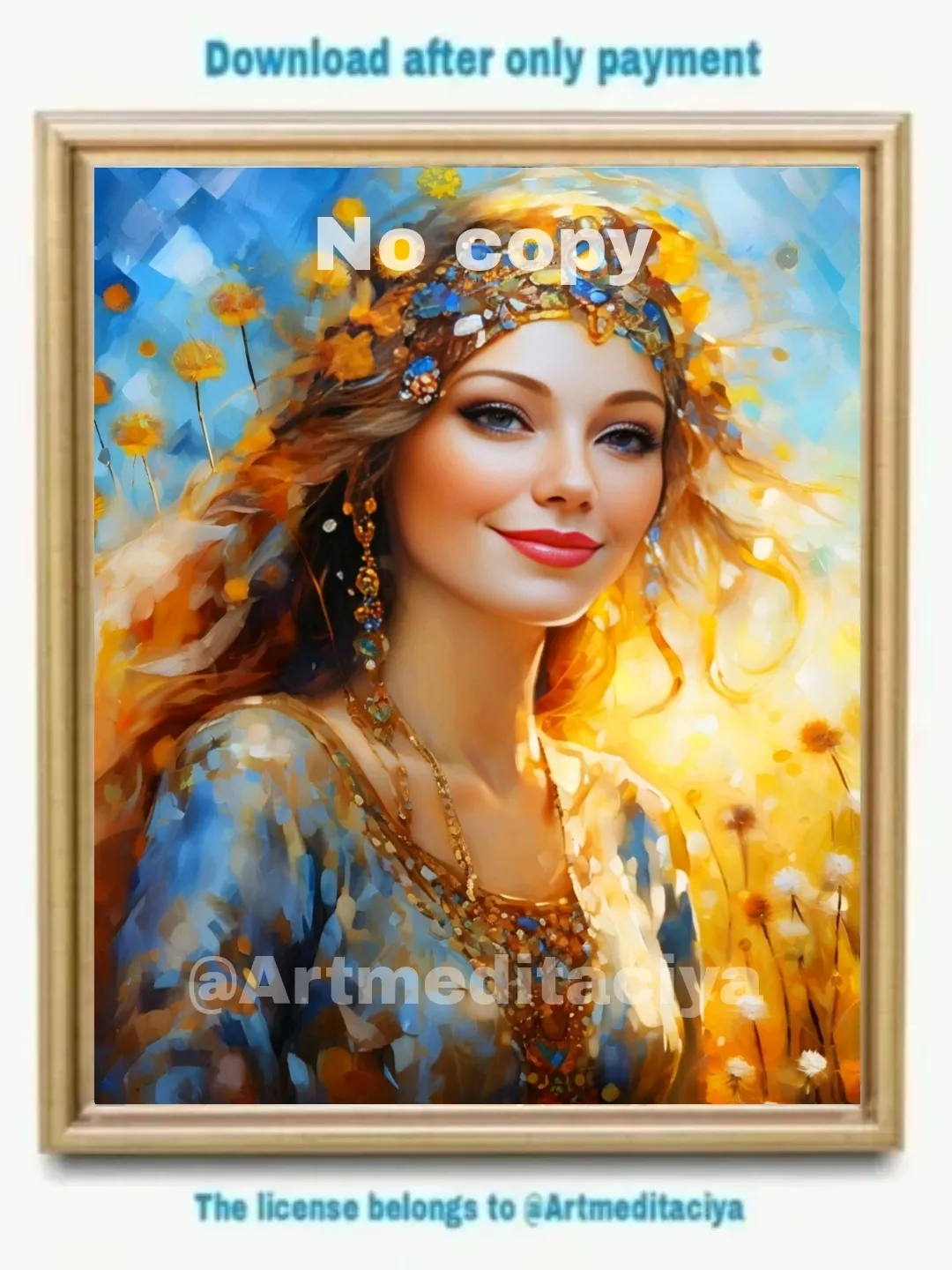 Digital abstract modern painting "Yellow Summer", a blue-eyed Slavic woman with wavy red hair in ethnic gold jewelry" on an abstract yellow-blue background of a summer landscape with dandelions, hair decorated with a bandage in the style of pasty oil pain