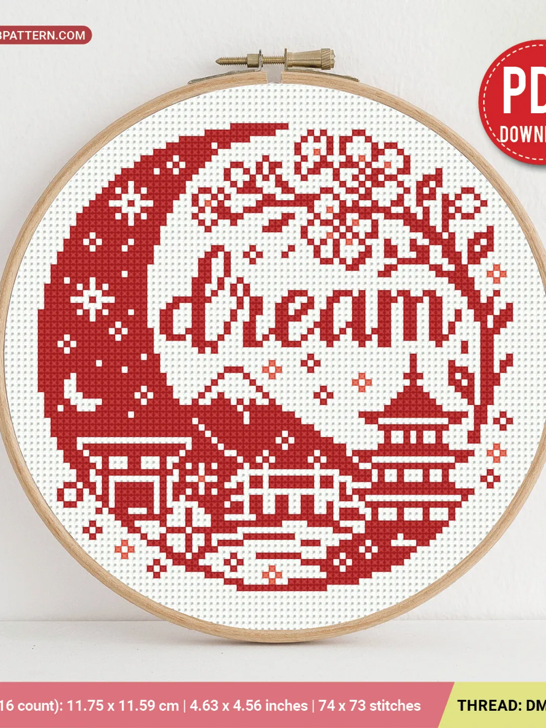 Dream Cross stitch pattern PDF, Japanese embroidery | Sakura Moon pattern | Floral Asian Design | Small Modern chart, beginner, gift DIY