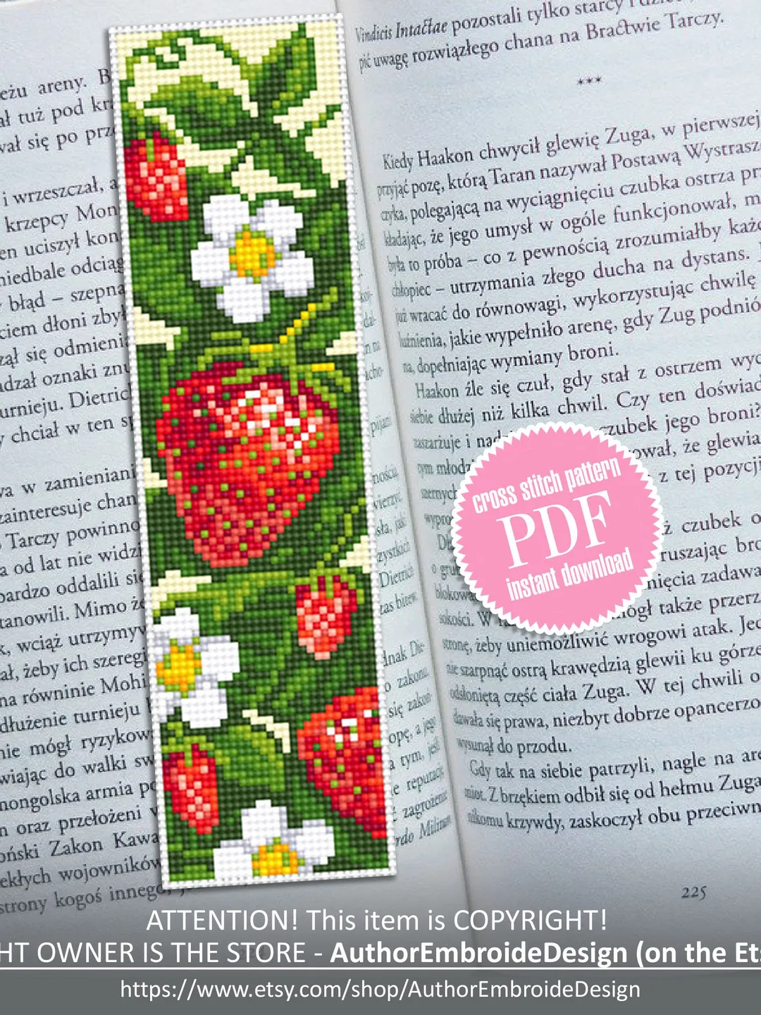 Strawberry bookmark cross stitch pattern download PDF Red berries cross stitch chart, Digital bookmark fruit, Strawberry pattern PDF #B149