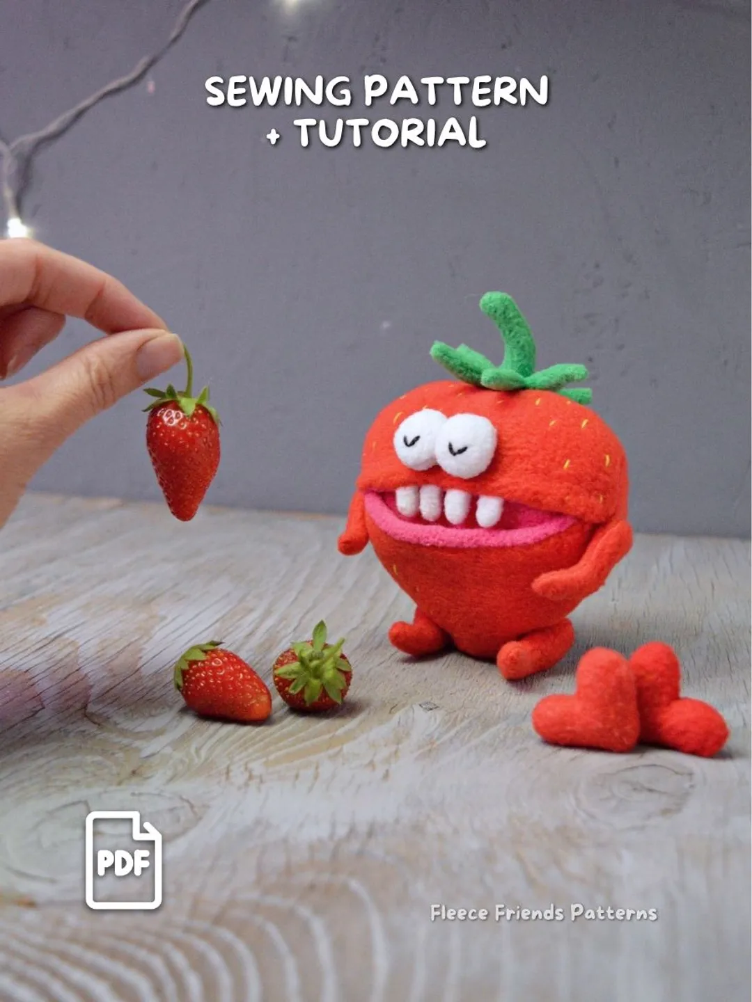 Strawberry Monster Sewing Pattern PDF, Cute Plush with Working Mouth Pocket, Easy Beginner Soft Toy Tutorial