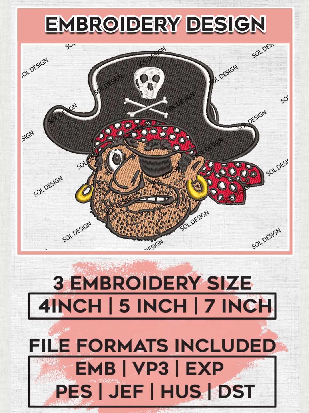 MLB Pittsburgh Pirates Head Logo Machine Embroidery Files, MLB Pittsburgh Pirates Team Embroidery, MLB Teams, 3 sizes, MLB Machine embroidery designs, Digital Download