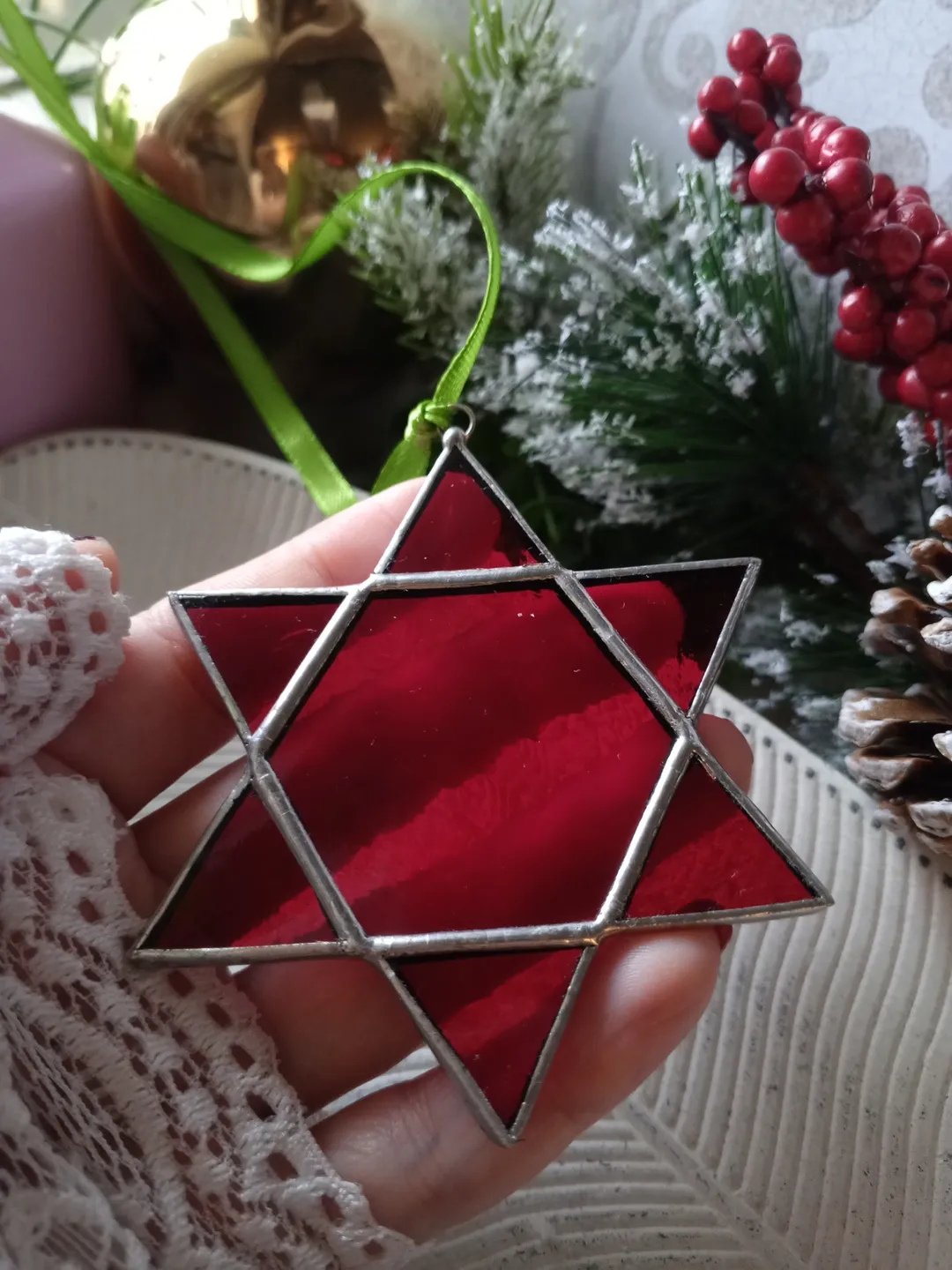 Star of David merkaba Red snowflake suncatcher, new year tree toy,  seals of Solomon star car hanger