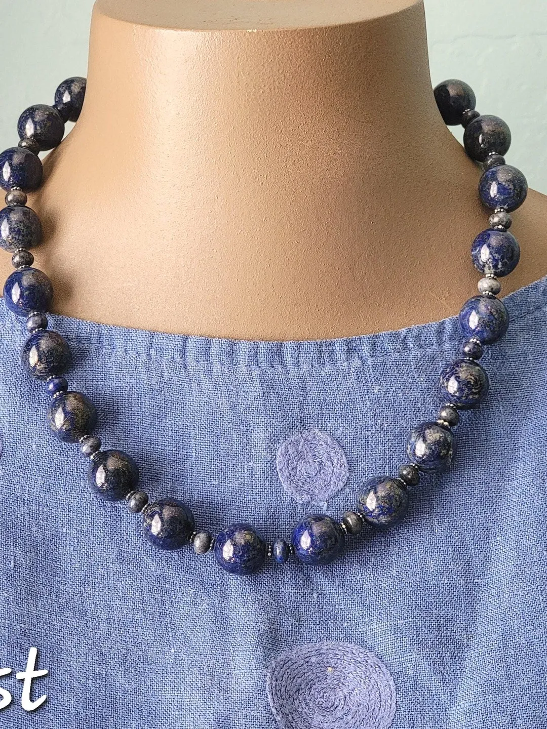 Lapis Bead Necklace, 925 Sterling Silver Handmade Natural Lapis Lazuli Round Beaded Statement Blue Large Round Beads