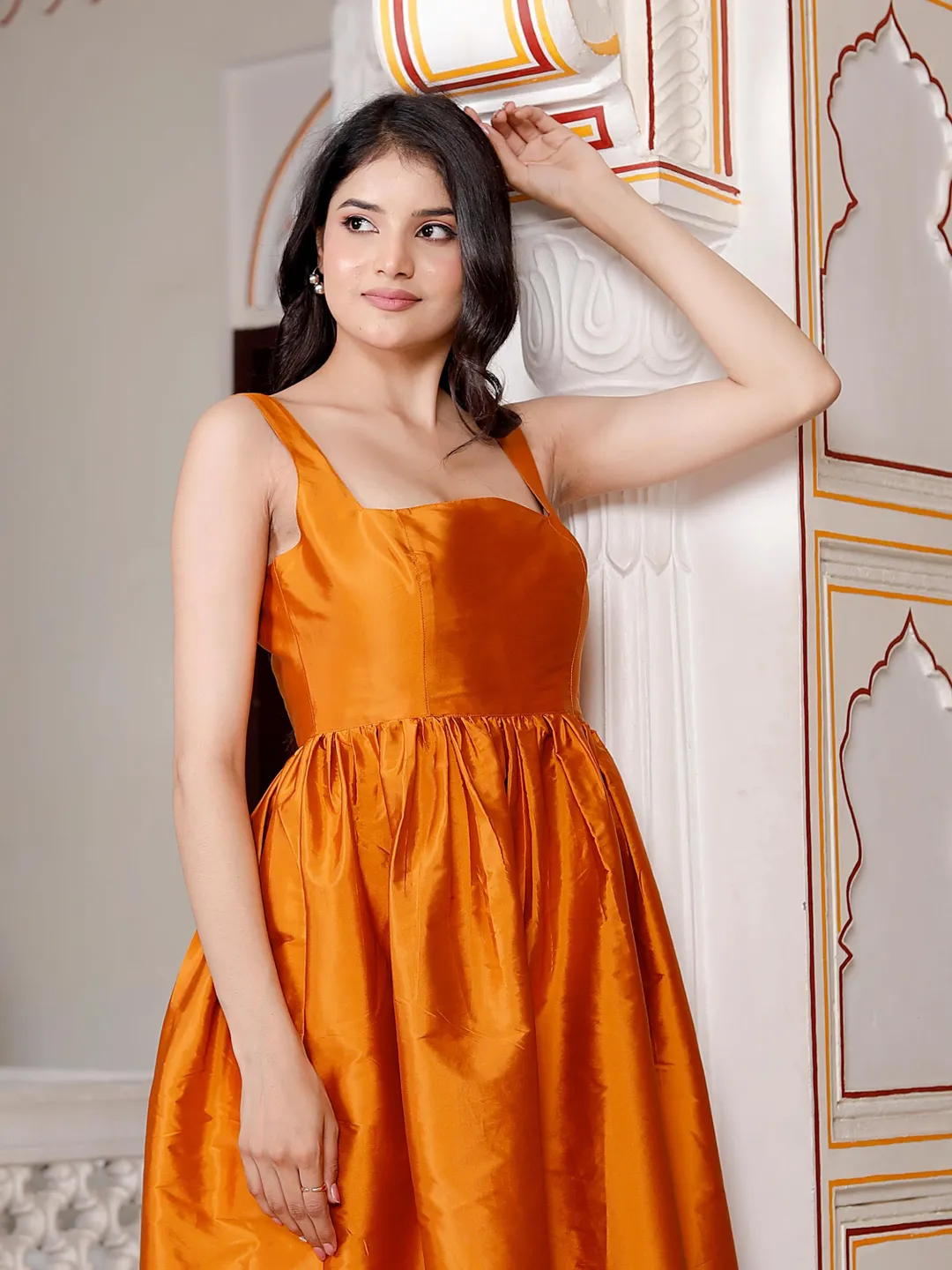 orange taffeta bridesmaid dresses ORANGE TAFFETA DRESS WITH A CROPPED CAPE AND INVERTED LAPEL | CULT MIA