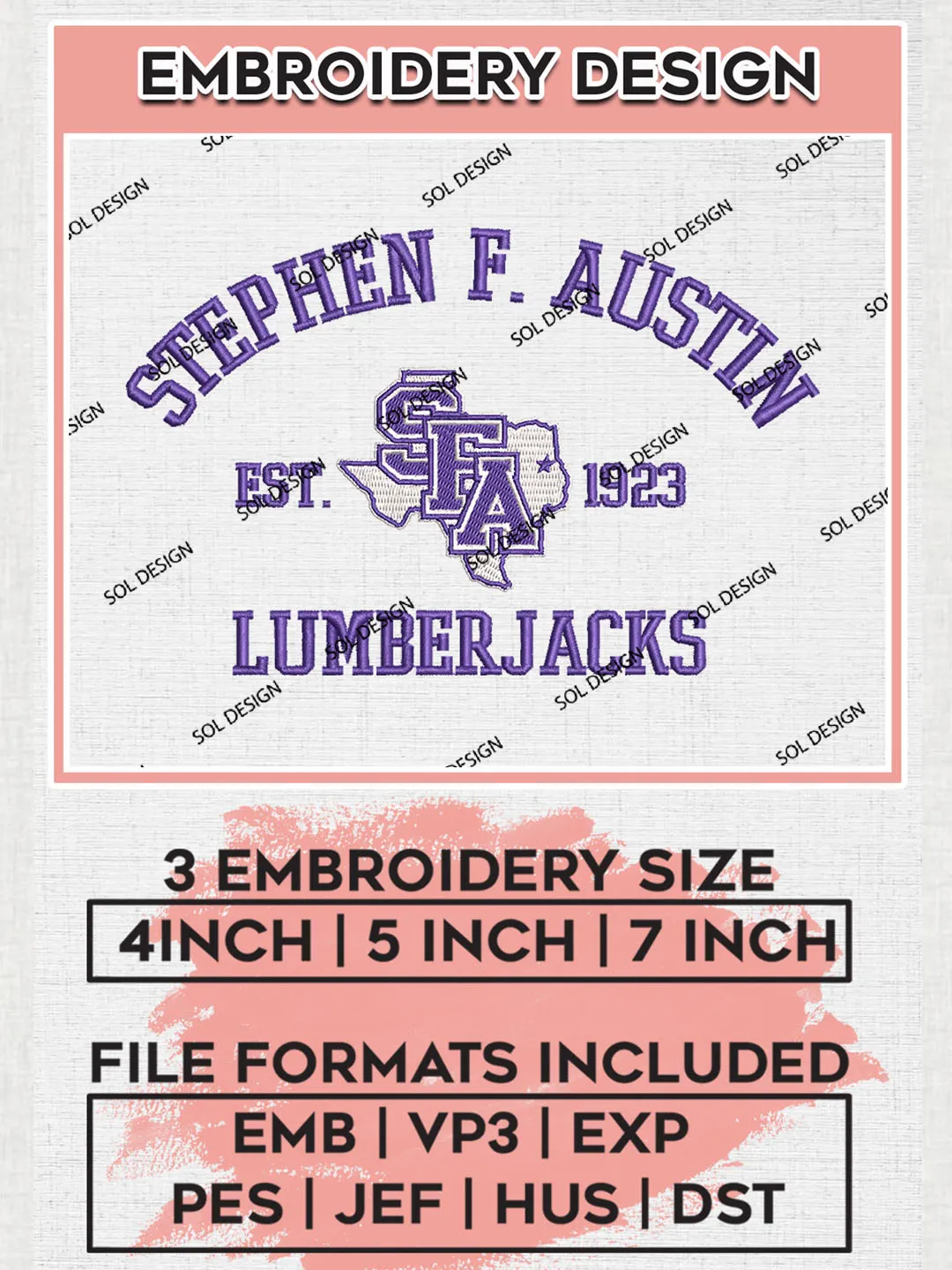 Stephen F. Austin Lumberjacks Est 1923 Embroidery Designs, NCAA Stephen F Austin Lumberjacks Team Embroidery, NCAA Team Logo, 3 sizes, Machine embroidery Files, Digital Download