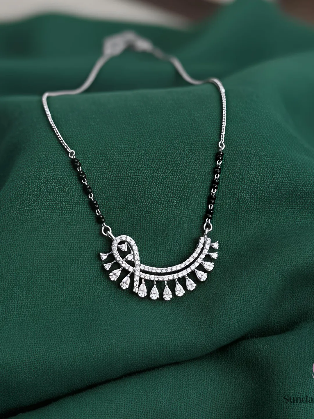 925 Sterling Silver Moissanite Chandbali Mangalsutra, Lab Grown Diamond Crescent Mangalsutra for Women, Modern Handcrafted Bridal Jewelry