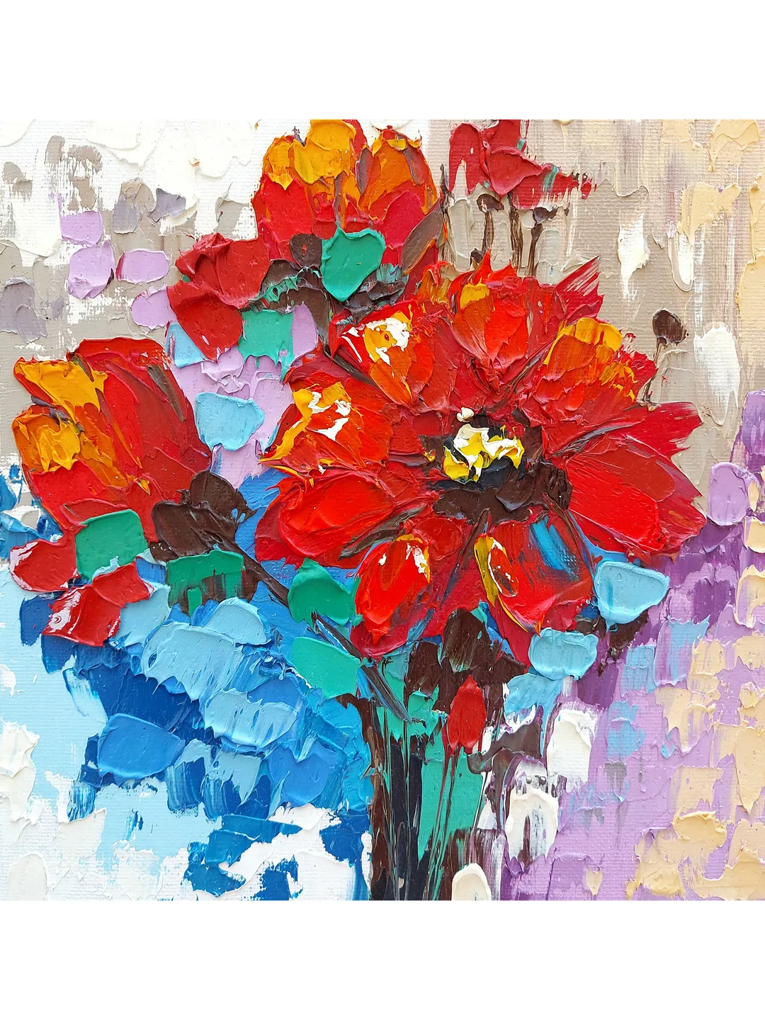 Original oil painting with poppies Bouquet of red flowers 8" by 8" (20x20 cm) by OilPaintingNatali