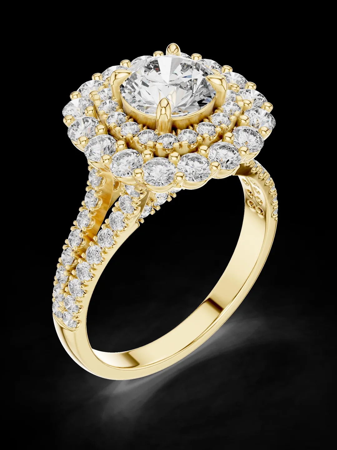 Double Halo Diamond Engagement Ring, Split Shank Bridal Ring, Round Cut ...