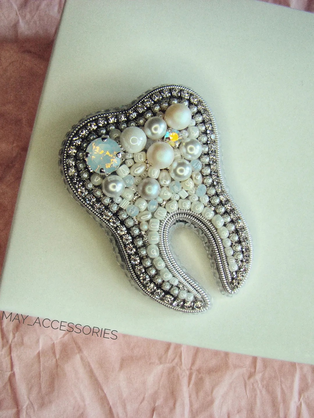 Tooth brooch, embroidered brooch, beaded brooch, medical pin, jewelry design