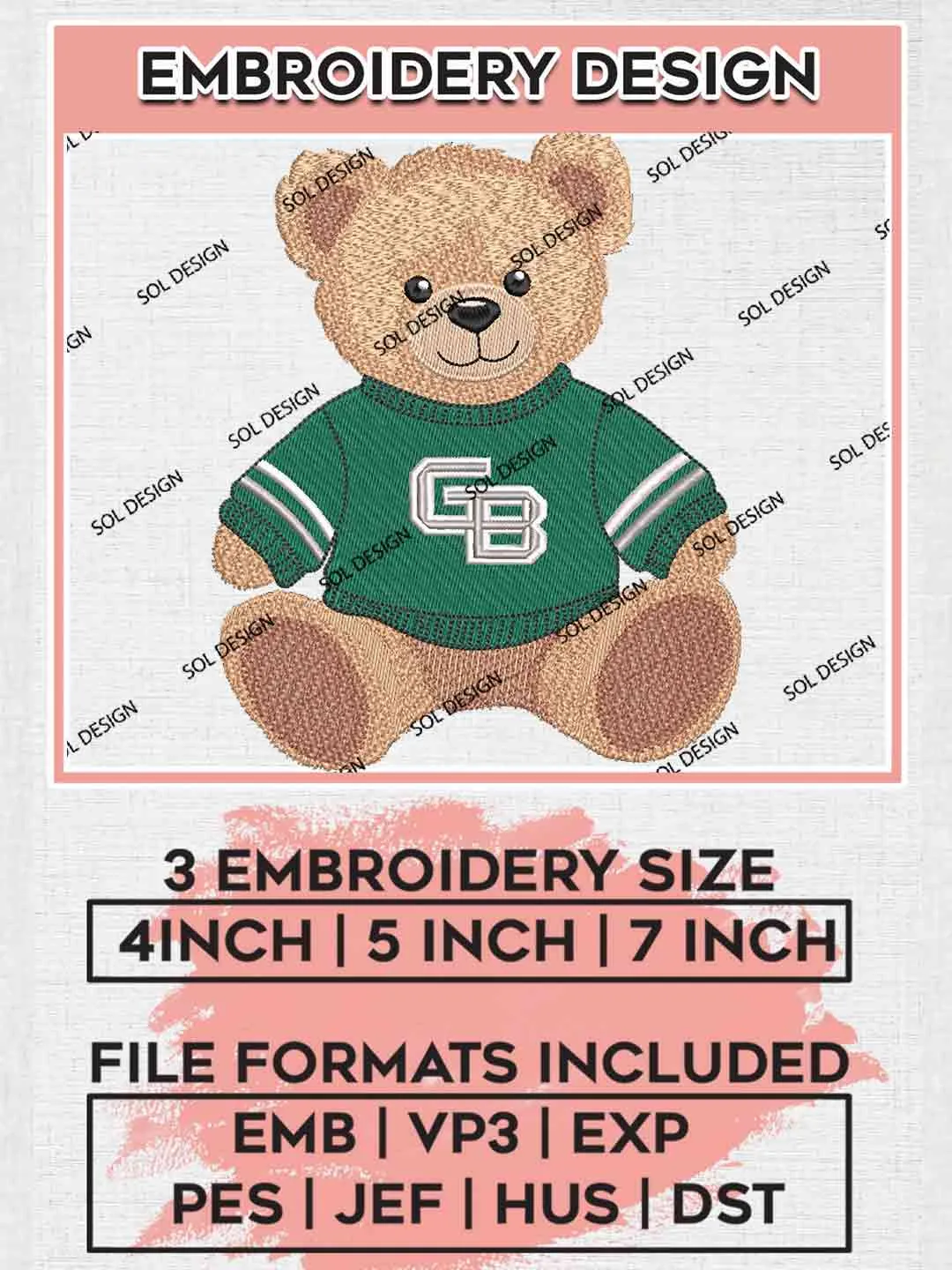 Green Bay Phoenix Teddy Bear Embroidery Design, Football Embroidery files, Sport Machine embroidery files, 3 sizes, Instant Download
