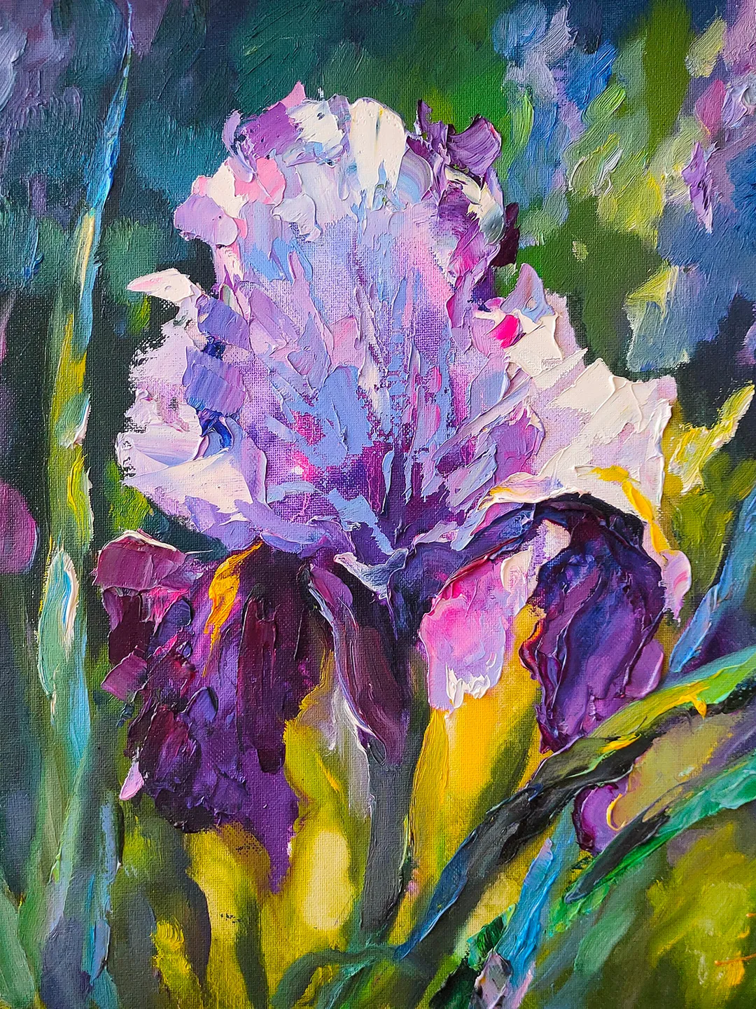 Flowers Irises Oil Canvas on Cardboard Original Art Painting Impasto Palette Knife 16 x 16 inches by Artist Natalia