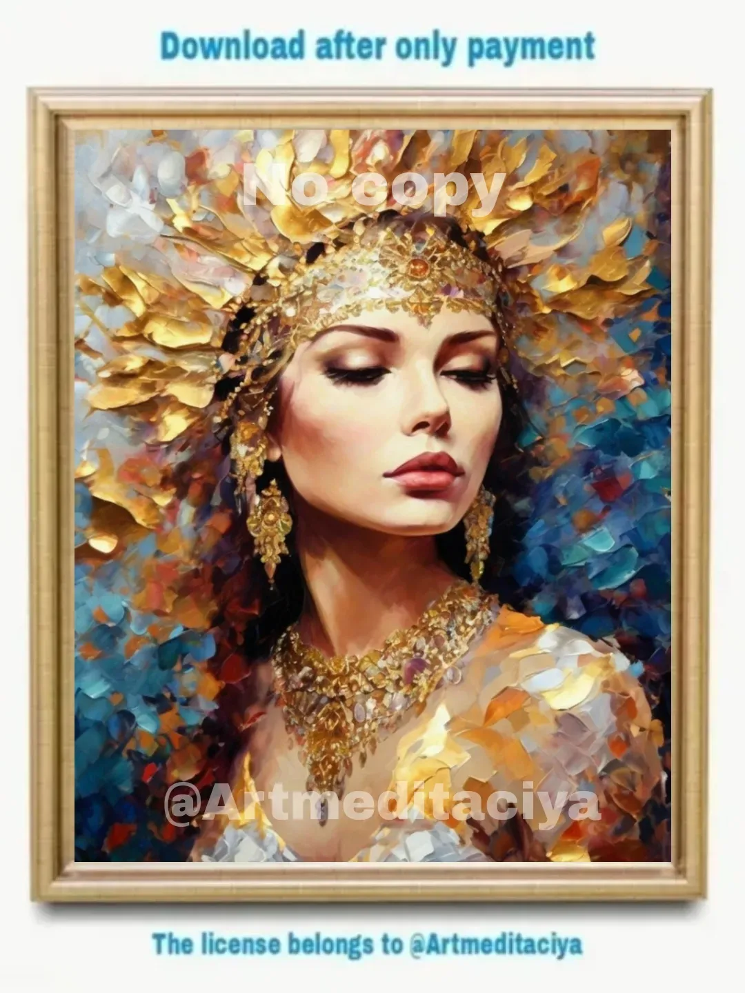 Digital abstract textural modern painting "Slavyanka in ethnic jewelry in gold" on an abstract multicolored background in the style of oil pasty painting with a palette knife