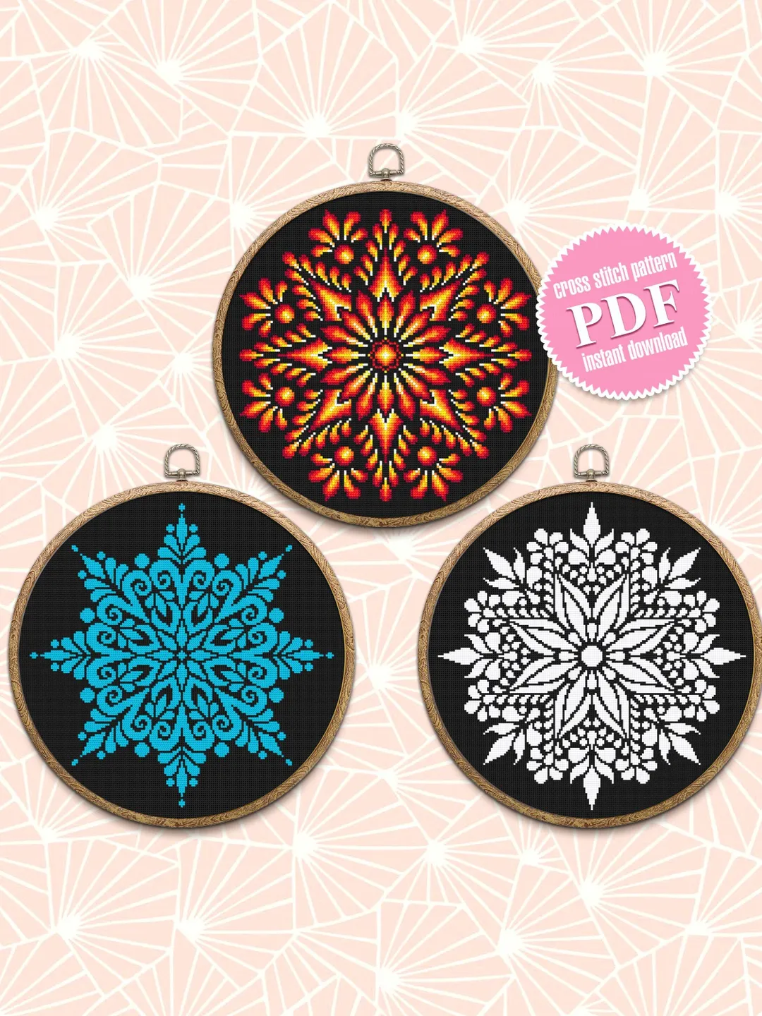 Mandala set cross stitch pattern PDF, Flower mandala cross stitch chart, Mandala pattern digital download PDF, Easy cross stitch pillow #S41