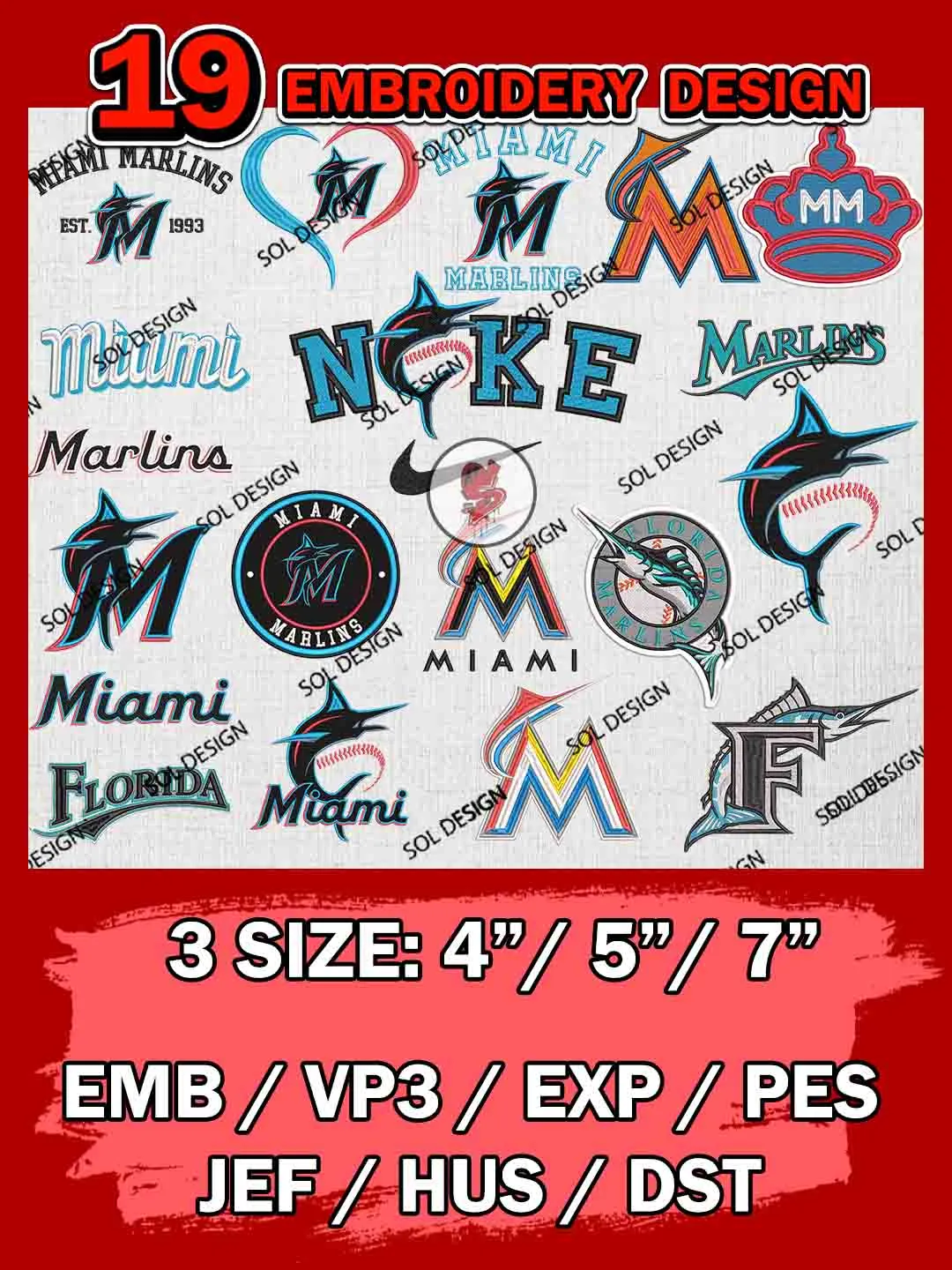 19 Miami Marlins Bundle Embroidery Files, MLB Miami Marlins Team Bundle Embroidery Designs, MLB Teams, League Baseball Team, 3 sizes, MLB Marlins Machine Embroidery, Digital Download