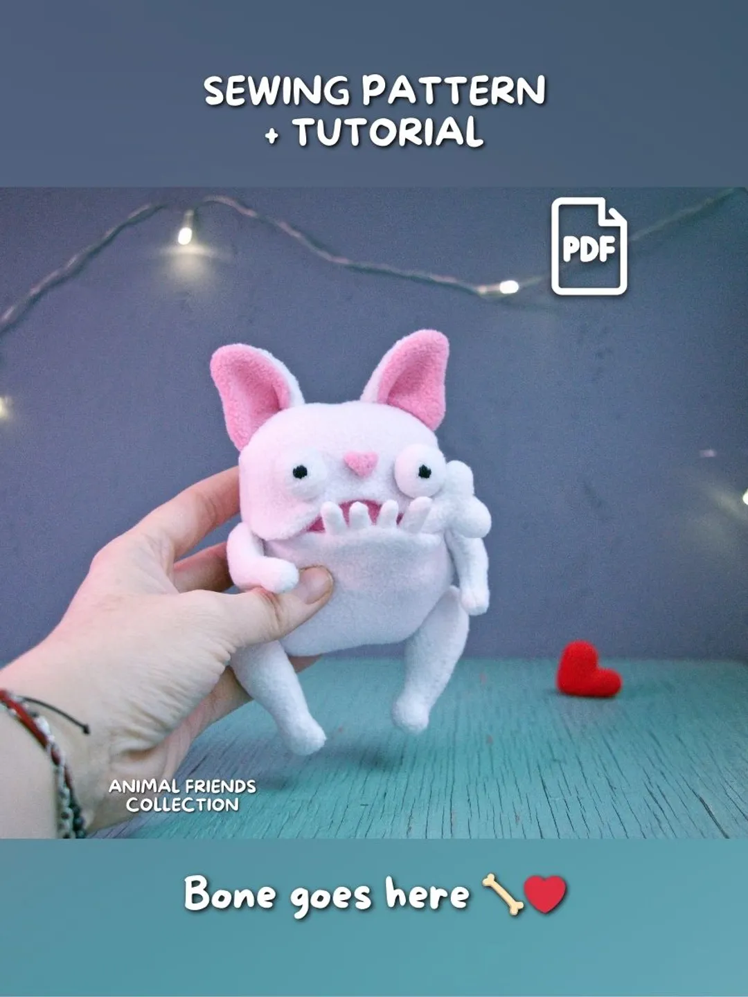 Pocket Plush Pattern Dog Plush Sewing Pattern with Secret Mouth Pocket and Bone PDF