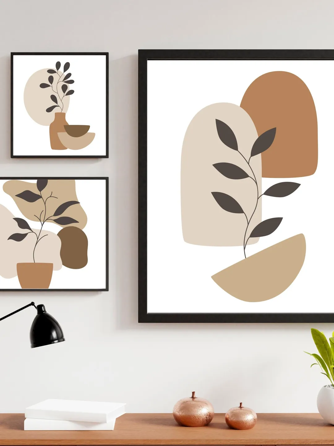 Boho Abstract Botanical Wall Art Set of 3 Prints, Neutral Beige Brown ...